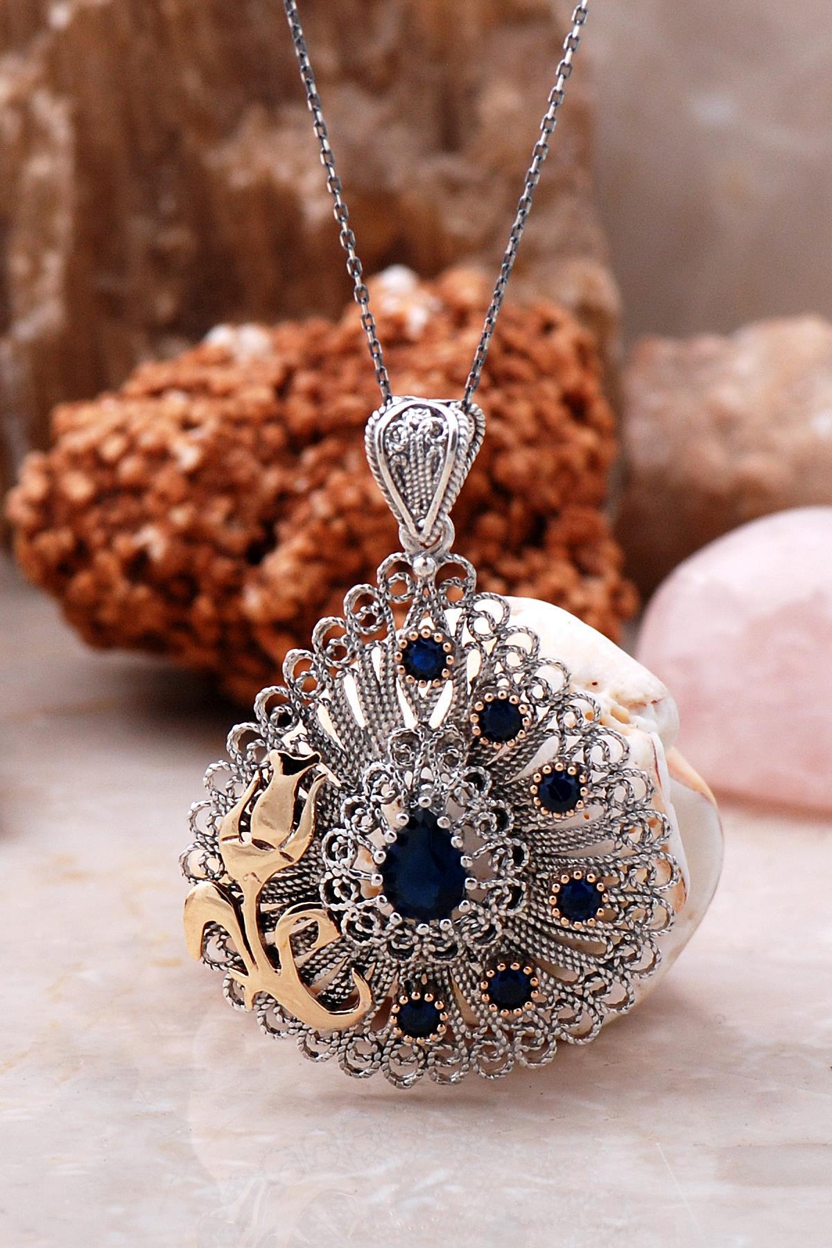 Sümer Telkari Damla Lacivert Safir Taşlı Kararmayan Düz Zincir Kadın Gümüş Kolye 50 cm