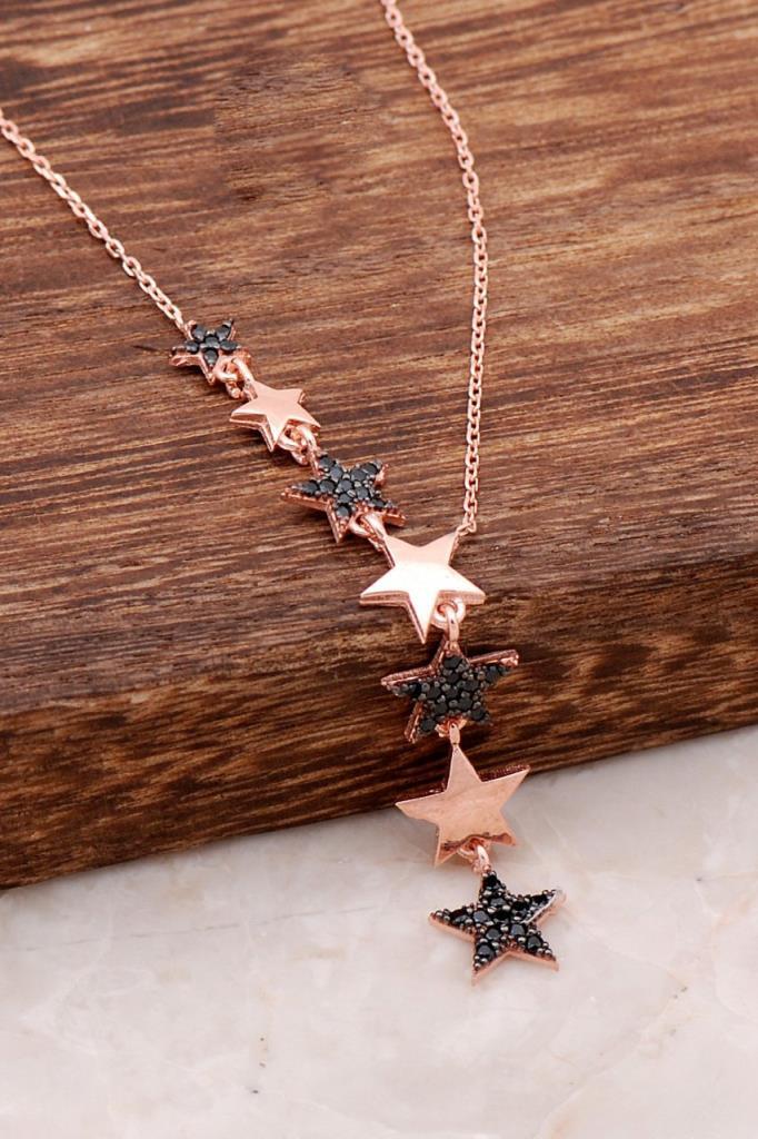 Sümer Telkari Siyah Safir Taşlı Kararmayan Düz Zincir Kadın Gümüş Kolye 47 cm