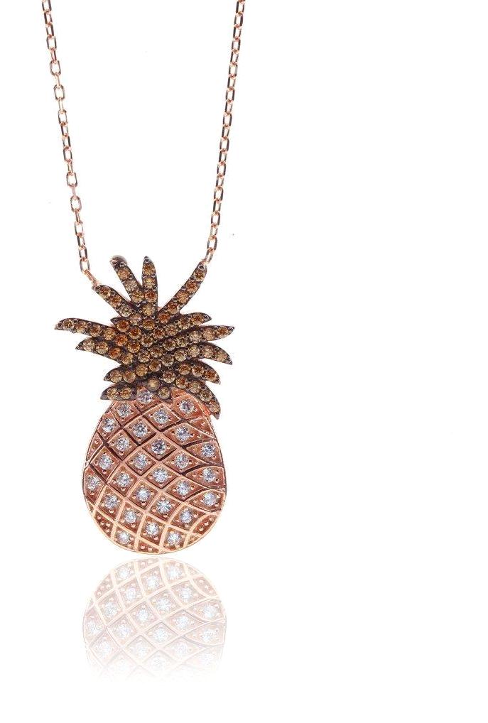 Söğütlü Silver Beyaz Oniks Zirkon Taşlı Ananas Forse Zincir Kadın Gümüş Kolye 45 cm