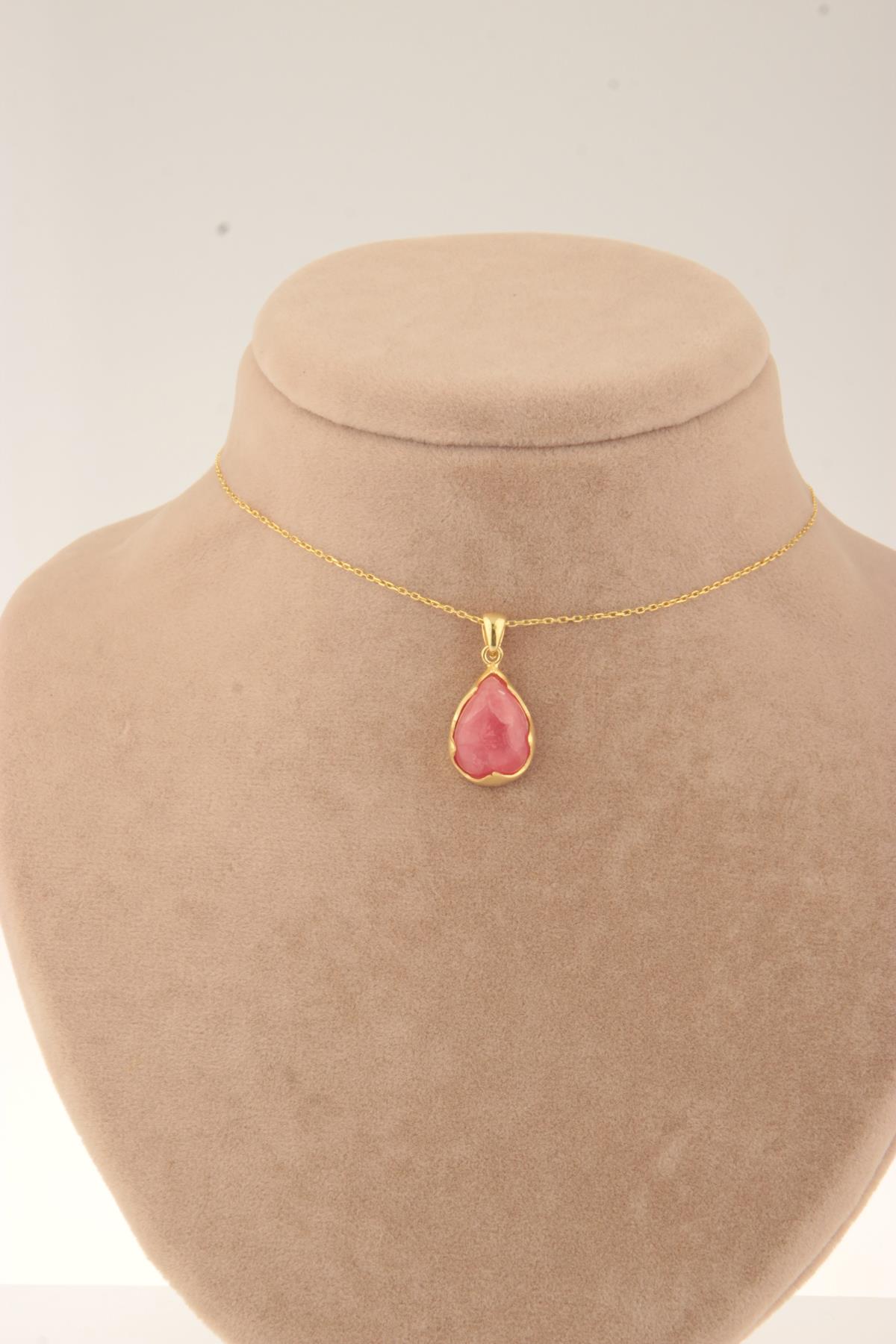 Osmanlı Doğal Taş Pembe Akik Taşlı 925 Ayar Kararmayan Damla Zincir Kadın Gümüş Kolye 42 cm