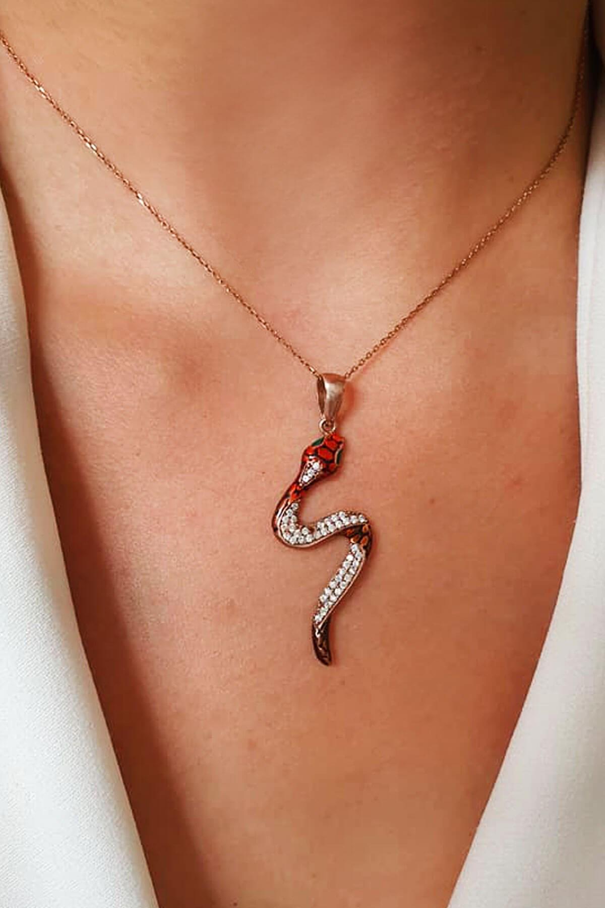 Oseshop Beyaz Zirkon Taşlı 925 Ayar Kararmayan Yılan Forse Zincir Kadın Gümüş Kolye 45 cm