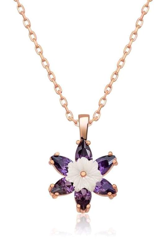Supertrend Beyaz Mor Kuvars Zirkon Taşlı 925 Ayar Kararmayan Lotus Çiçeği Zincir Kadın Gümüş Kolye 45 cm