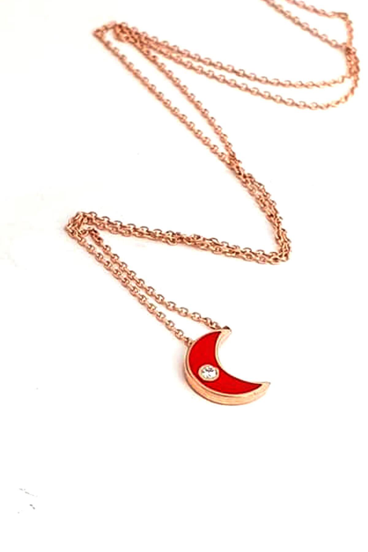 Oseshop Ay Kırmızı Zirkon Taşlı 925 Ayar Kararmayan Forse Zincir Kadın Gümüş Kolye 45 cm