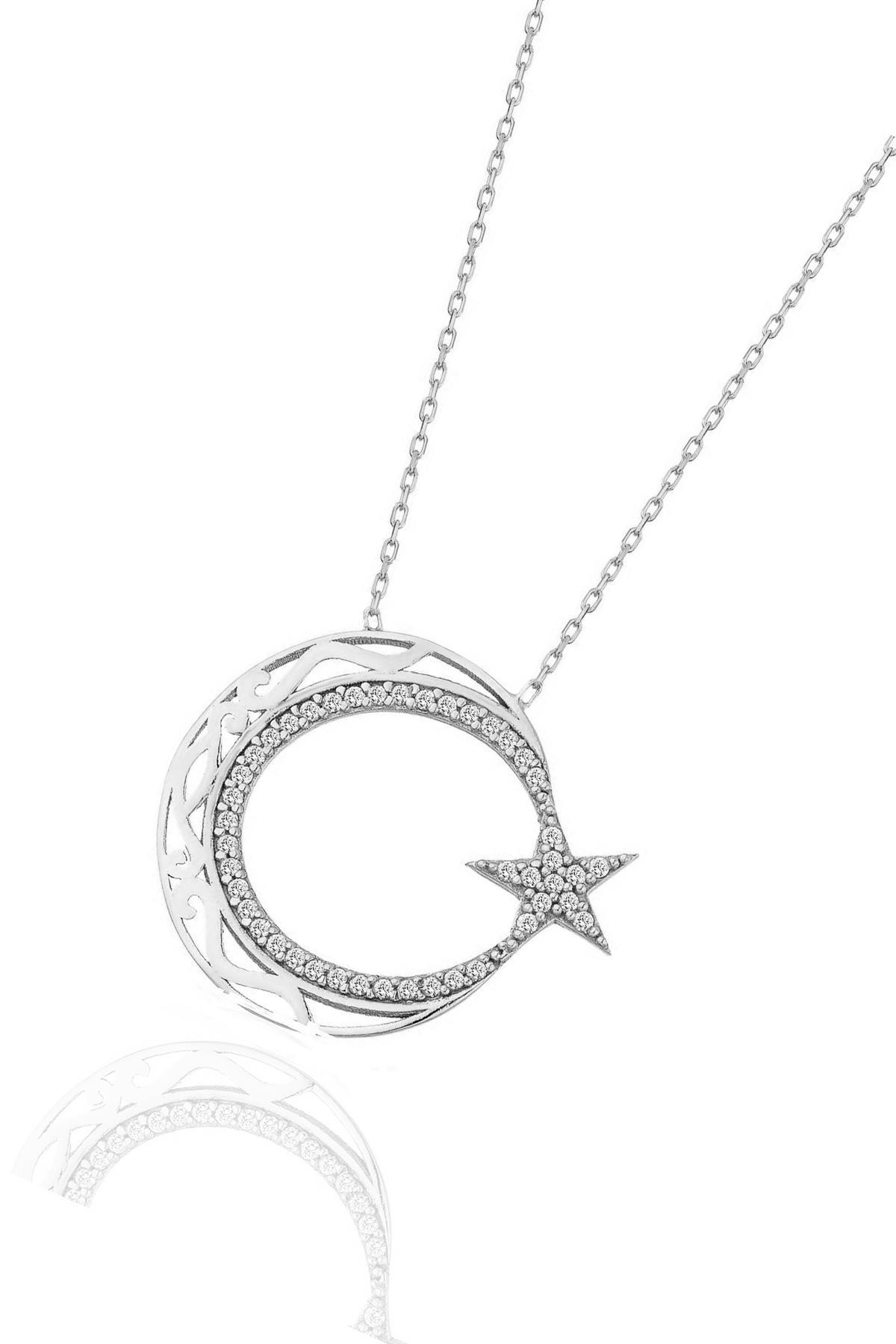Söğütlü Silver Beyaz Zirkon Taşlı 925 Ayar Kararmayan Ay Yıldız Forse Zincir Kadın Gümüş Kolye 42 cm