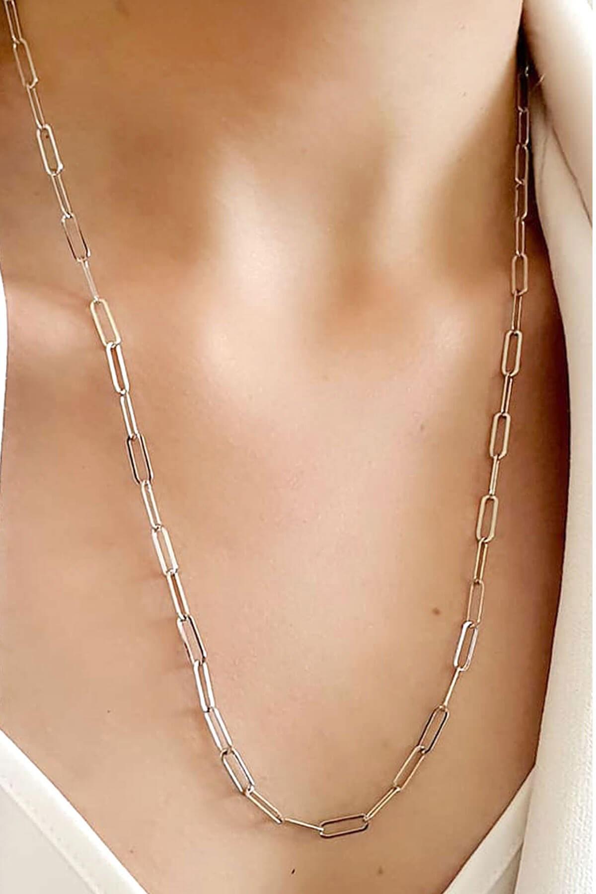 Oseshop Beyaz Zirkon 925 Ayar Kararmayan Ataç Zincir Kadın Gümüş Kolye 60 cm