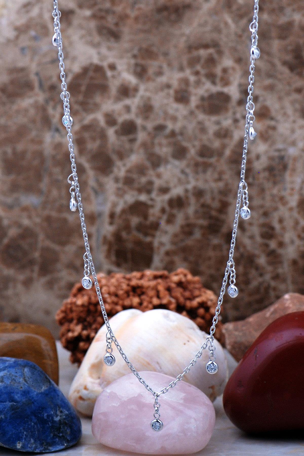 Sümer Telkari Kuğu Beyaz Zirkon Taşlı Kararmayan Choker Düz Zincir Kadın Gümüş Kolye 47 cm
