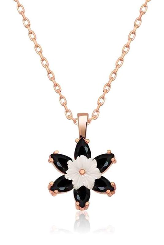 Supertrend Beyaz Siyah Oniks Zirkon Taşlı 925 Ayar Kararmayan Lotus Çiçeği Zincir Kadın Gümüş Kolye 45 cm