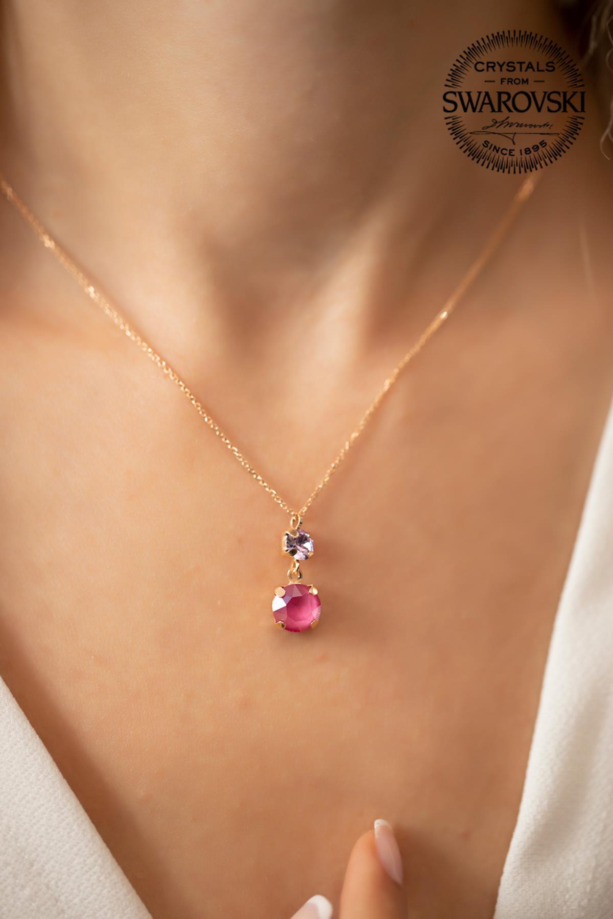 Swarovski Beyaz Pembe Swarovski Taşlı Kararmayan Düz Zincir Kadın Gümüş Kolye 45 cm