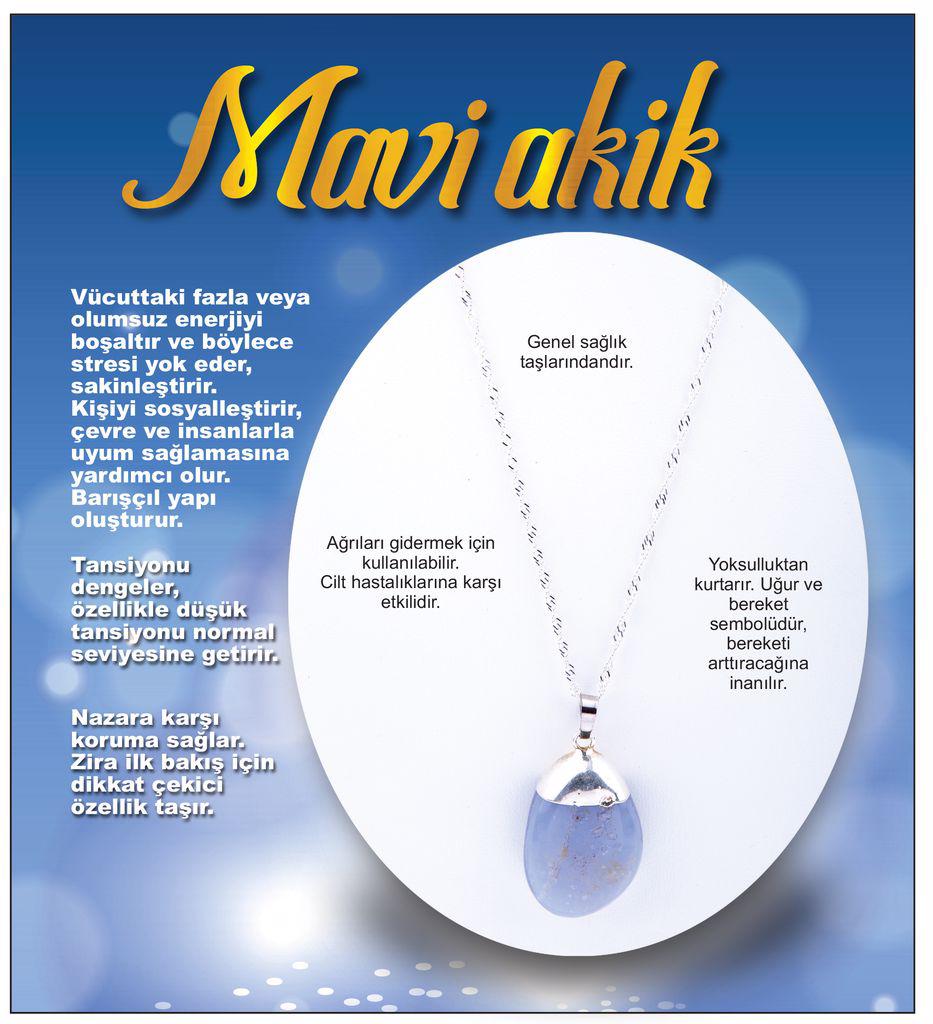 Osmanlı Doğal Taş Mavi Akik Taşlı Kararmayan Zincir Kadın Gümüş Kolye 45 cm