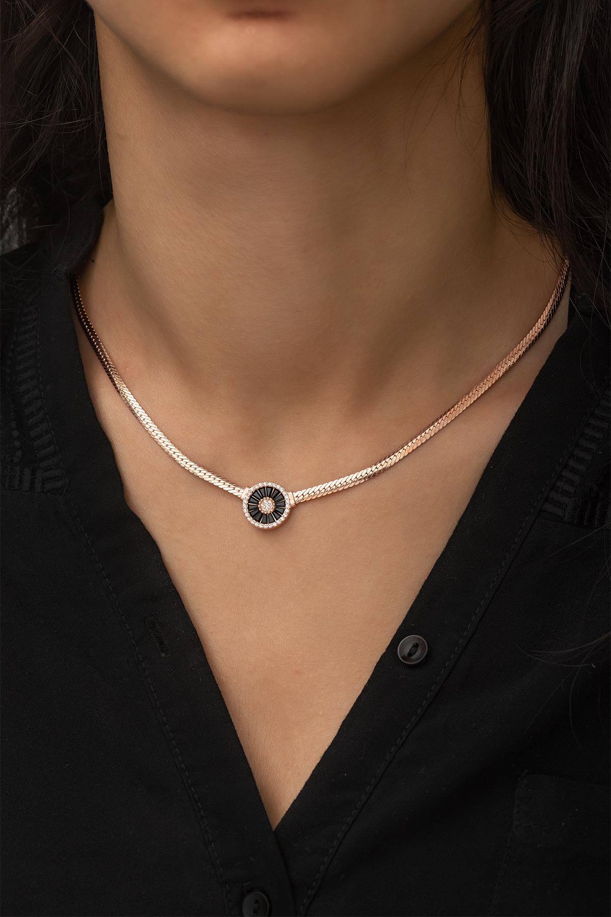 Elika Silver Yuvarlak Beyaz Siyah Zirkon Taşlı 925 Ayar Evet Kararmayan Yassı Zincir Kadın Gümüş Kolye 43 cm