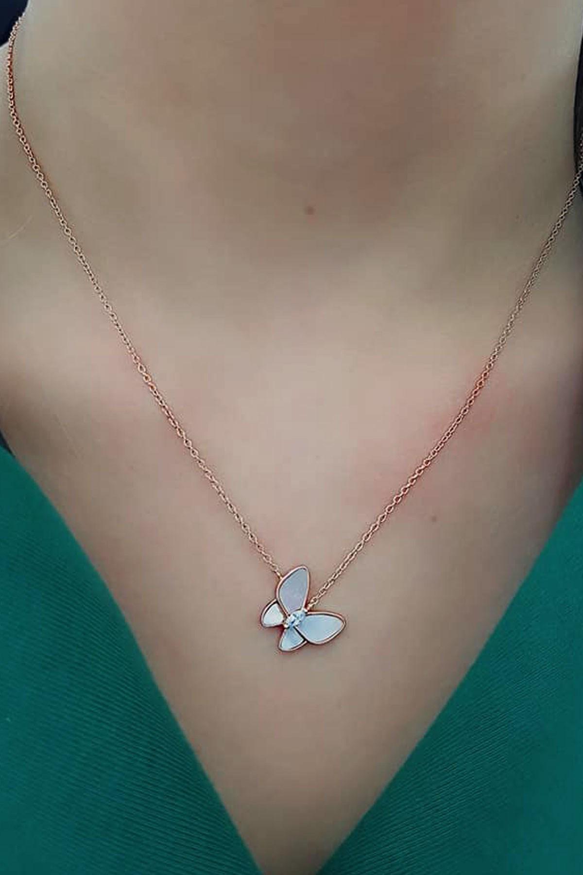 Oseshop Beyaz Sedef Taşlı 925 Ayar Kararmayan Kelebek Forse Zincir Kadın Gümüş Kolye 45 cm