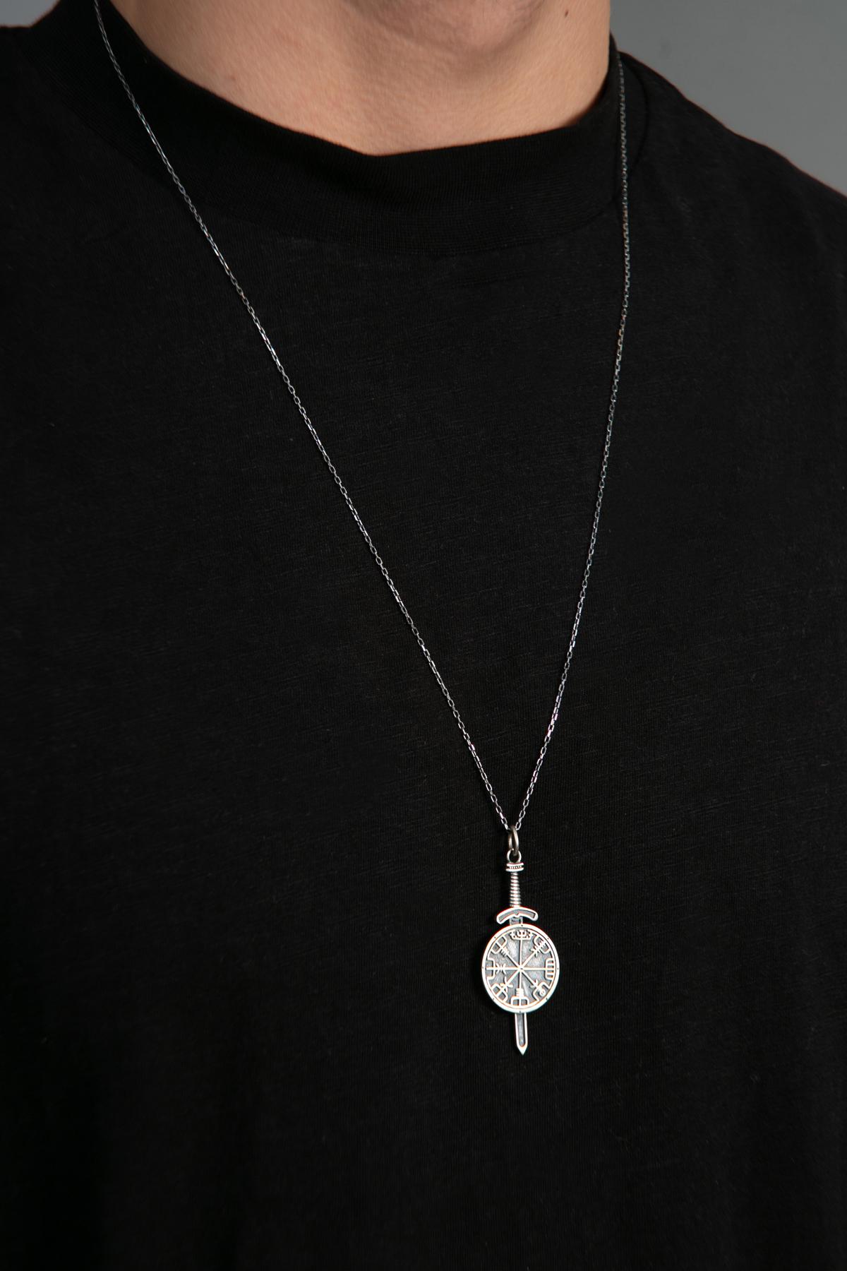 Elika Silver Kılıç Kalkan 925 Ayar Kararmayan Zincir Erkek Gümüş Kolye 43 cm