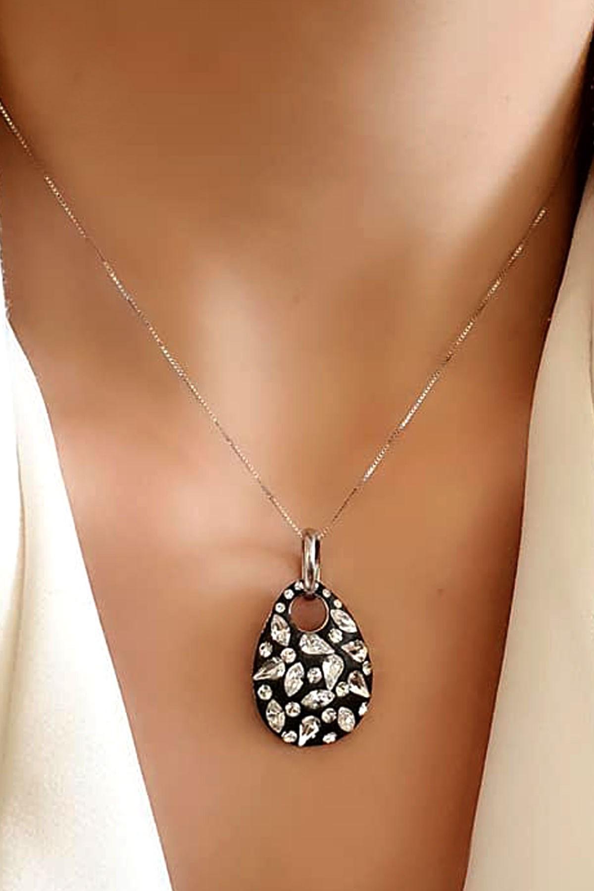 Oseshop Beyaz Swarovski Taşlı 925 Ayar Kararmayan Geometrik Forse Zincir Kadın Gümüş Kolye 45 cm