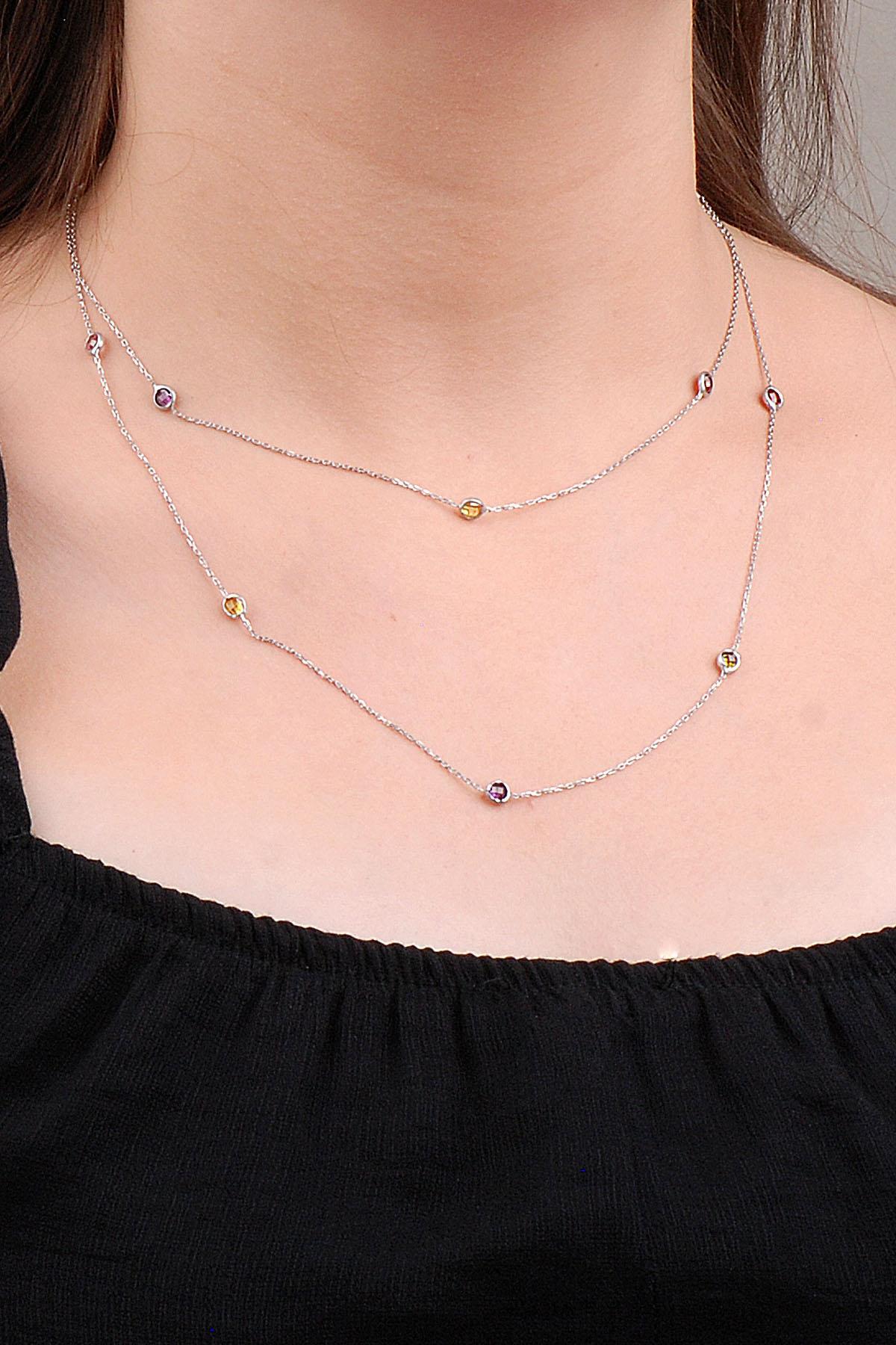 Sümer Telkari Sarı Mix Taşlı Kararmayan Topaz Zincir Kadın Gümüş Kolye 90 cm