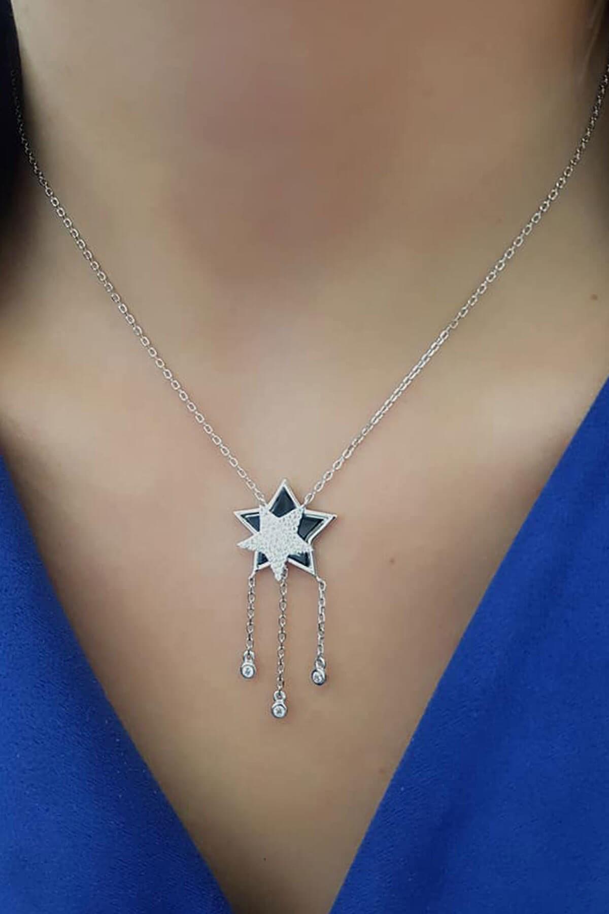 Oseshop Beyaz Siyah Oniks Zirkon Taşlı 925 Ayar Kararmayan Yıldız Forse Zincir Kadın Gümüş Kolye 45 cm
