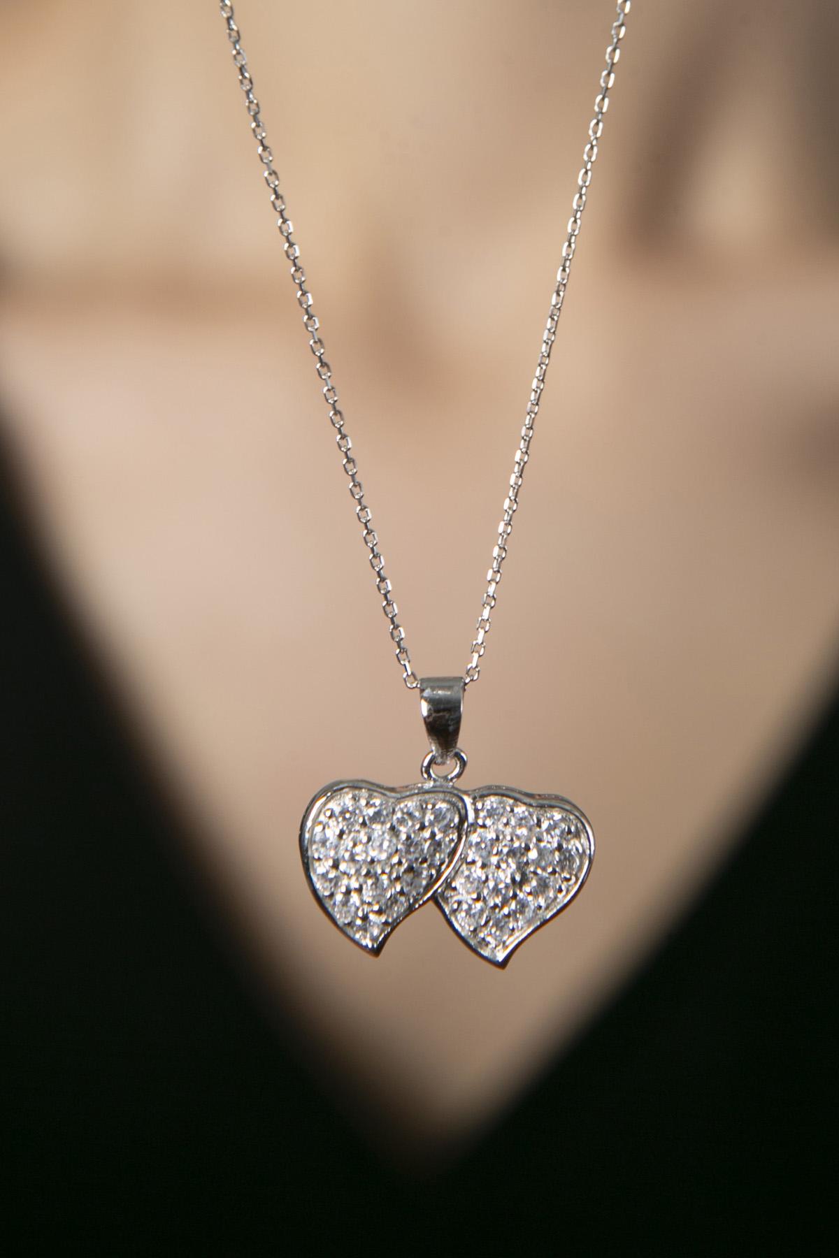 Elika Silver Beyaz Zirkon Taşlı 925 Ayar Kararmayan Kalp Zincir Kadın Gümüş Kolye 45 cm