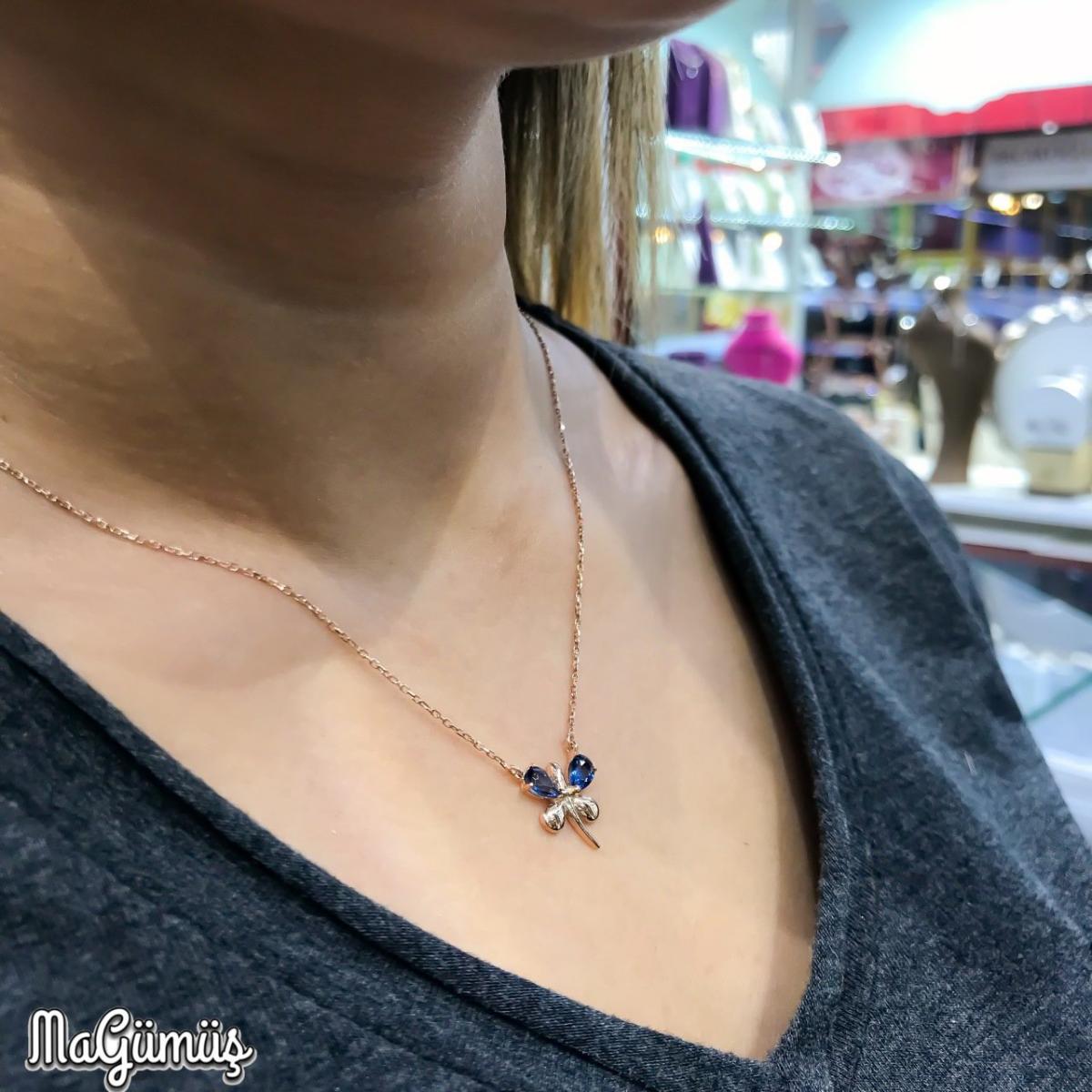 Magümüş Mavi Safir Taşlı 925 Ayar Kararmayan Kelebek Halat Zincir Kadın Gümüş Kolye 45 cm