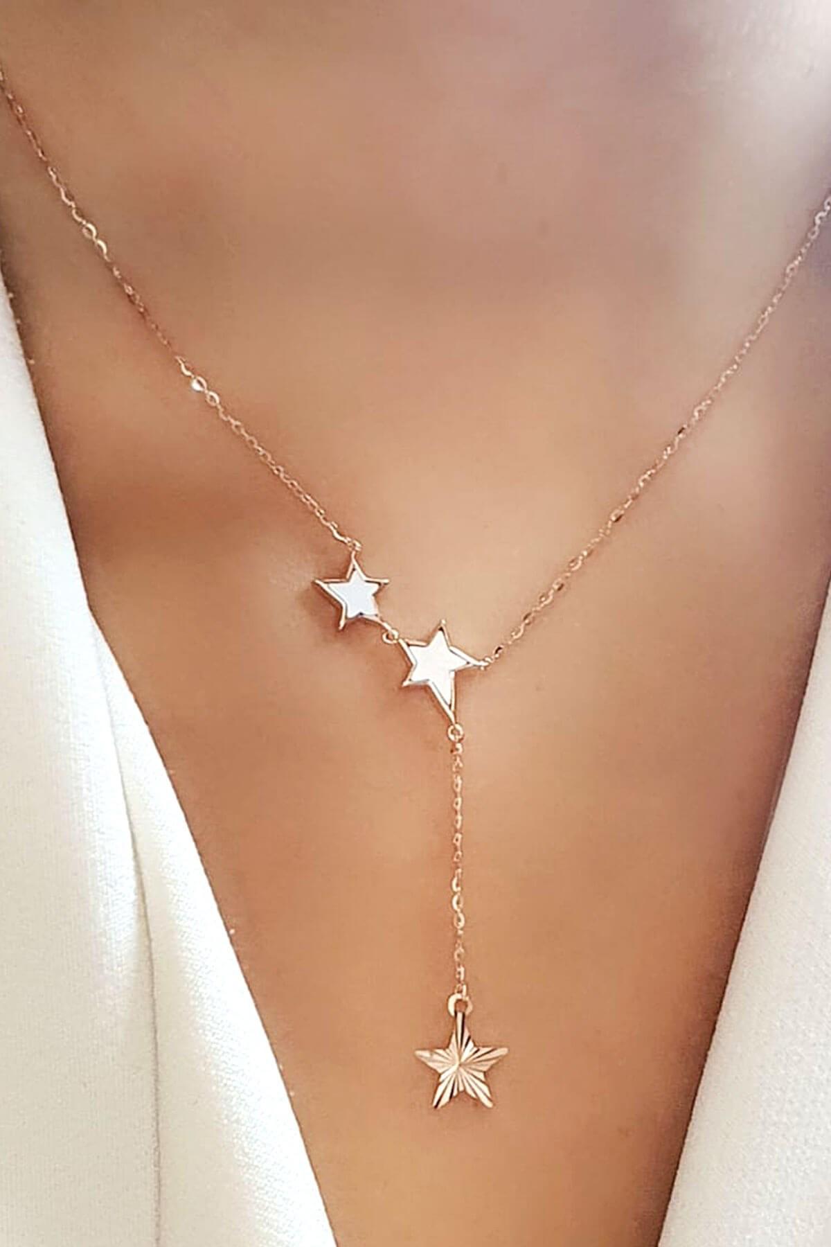 Oseshop Beyaz Sedef Taşlı 925 Ayar Kararmayan Yıldız Forse Zincir Kadın Gümüş Kolye 45 cm