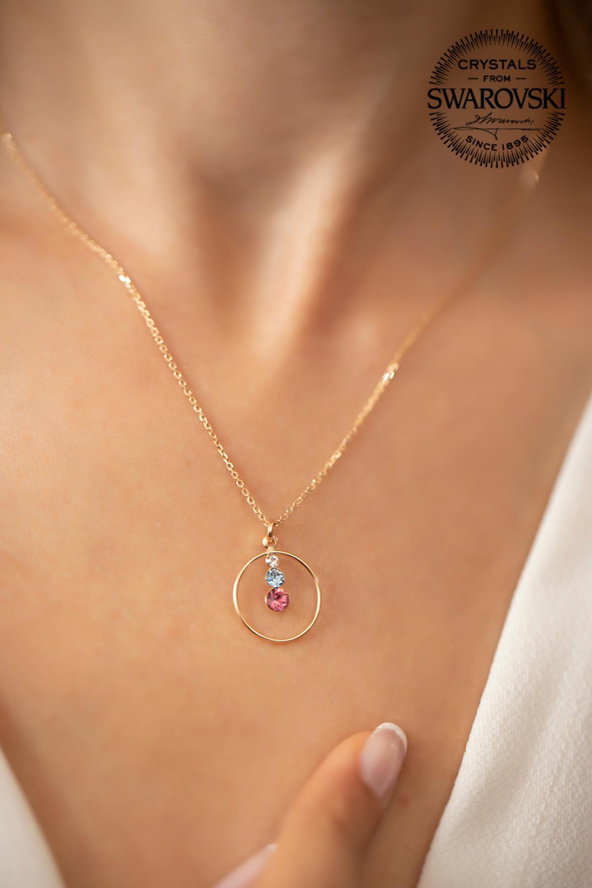 Swarovski Çok Renkli Swarovski Taşlı Kararmayan Yuvarlak Düz Zincir Kadın Gümüş Kolye 45 cm