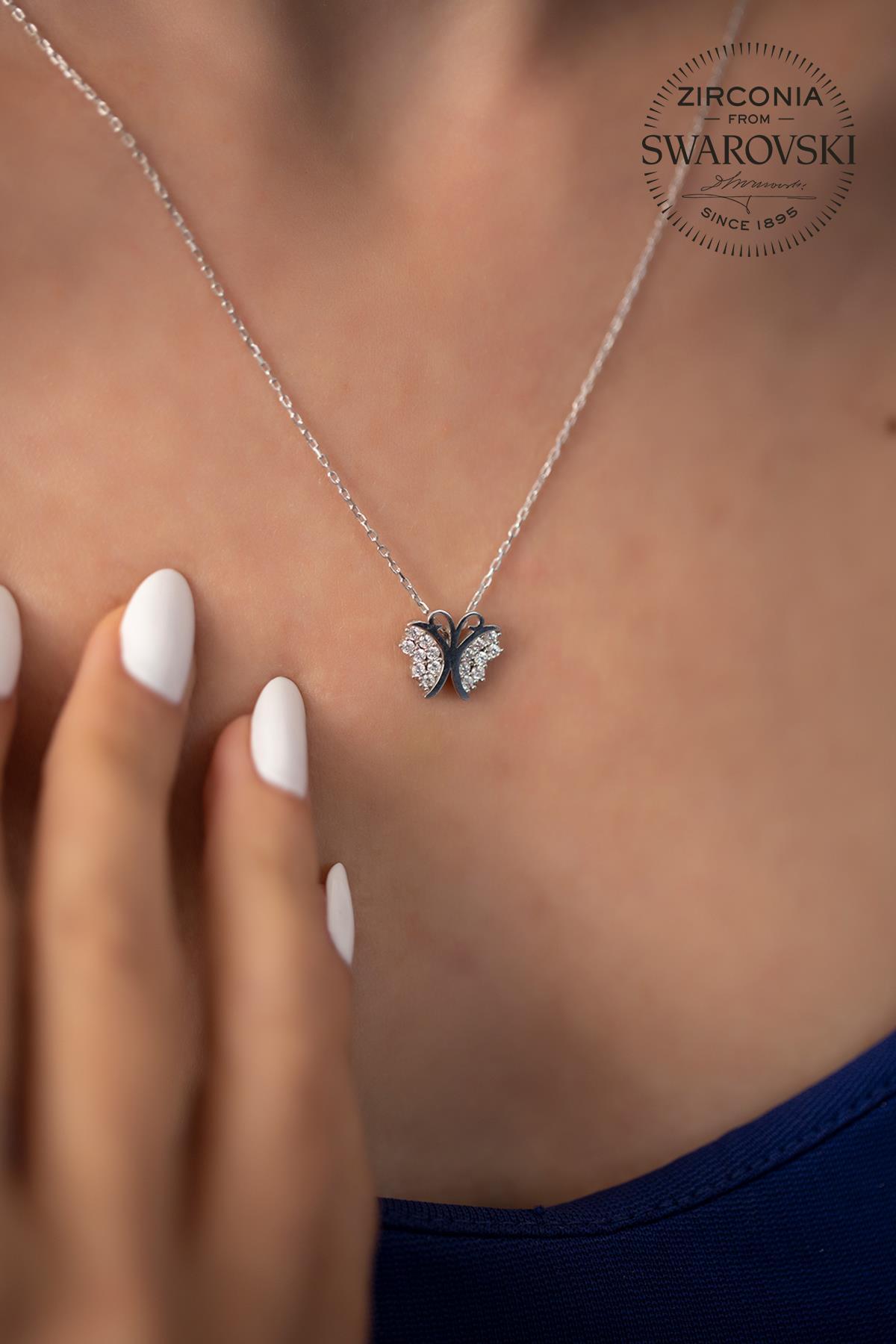 Swarovski Beyaz Zirkon Taşlı Kararmayan Uğur Böceği Düz Zincir Kadın Gümüş Kolye 45 cm