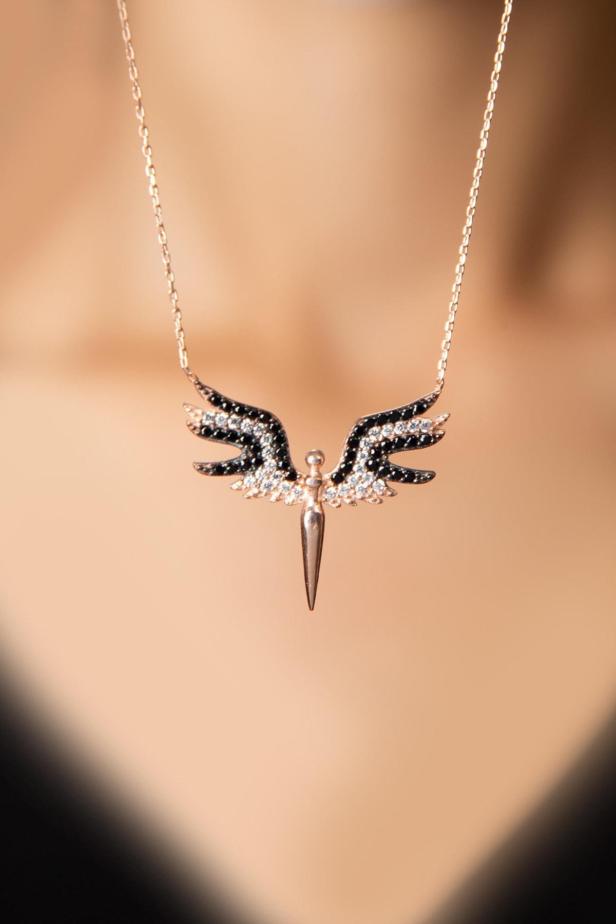 Elika Silver Kuğu Beyaz Siyah Zirkon Taşlı 925 Ayar Kararmayan Düz Zincir Kadın Gümüş Kolye 43 cm