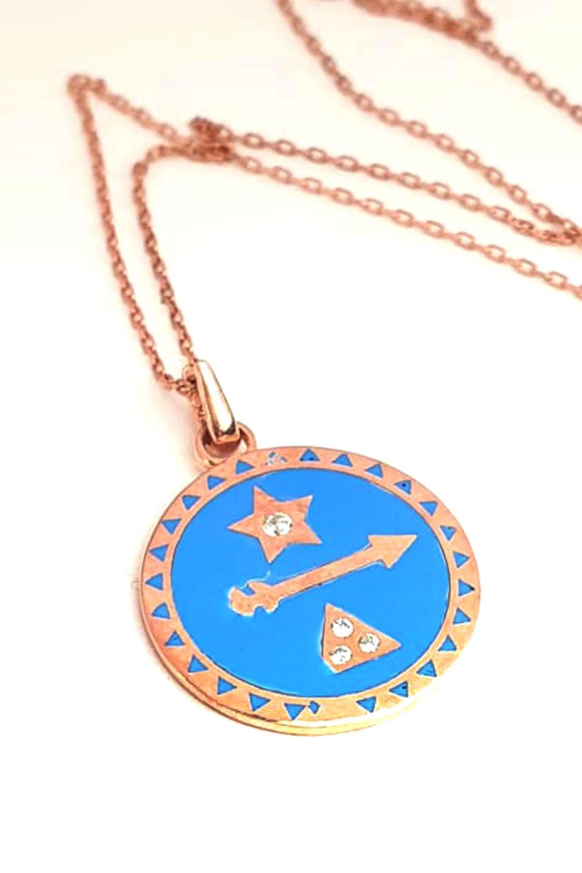Oseshop Mavi Taşlı 925 Ayar Kararmayan Daire Forse Zincir Kadın Gümüş Kolye 45 cm