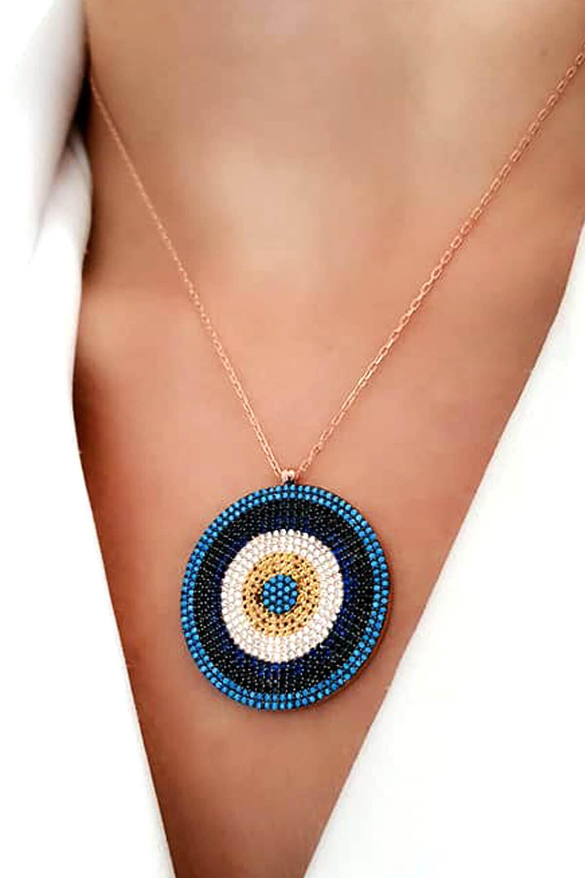 Oseshop Çok Renkli Zirkon Taşlı 925 Ayar Kararmayan Daire Forse Zincir Kadın Gümüş Kolye 45 cm