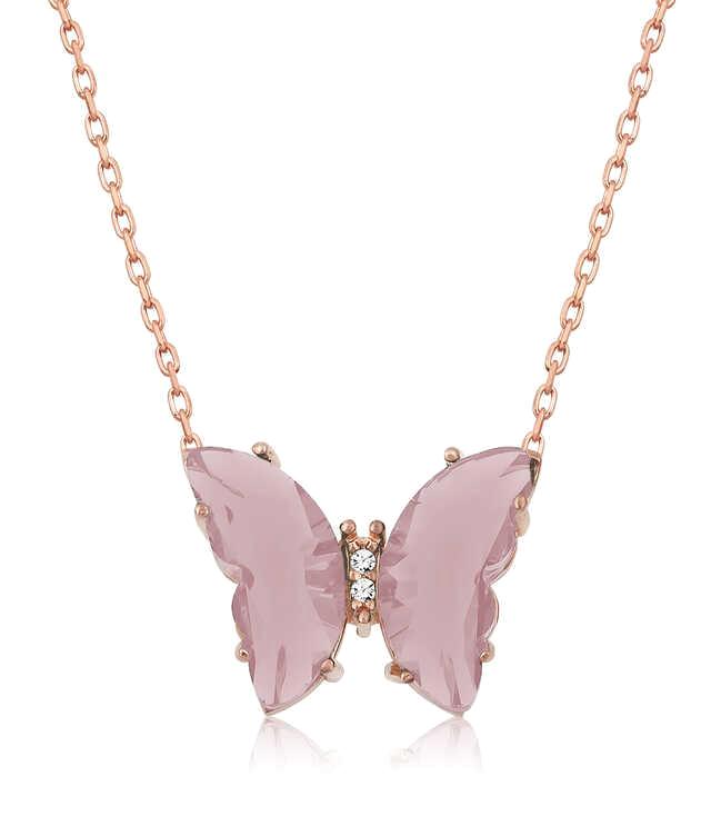 Supertrend Pembe Zirkon Taşlı 925 Ayar Kararmayan Kelebek Zincir Kadın Gümüş Kolye 45 cm