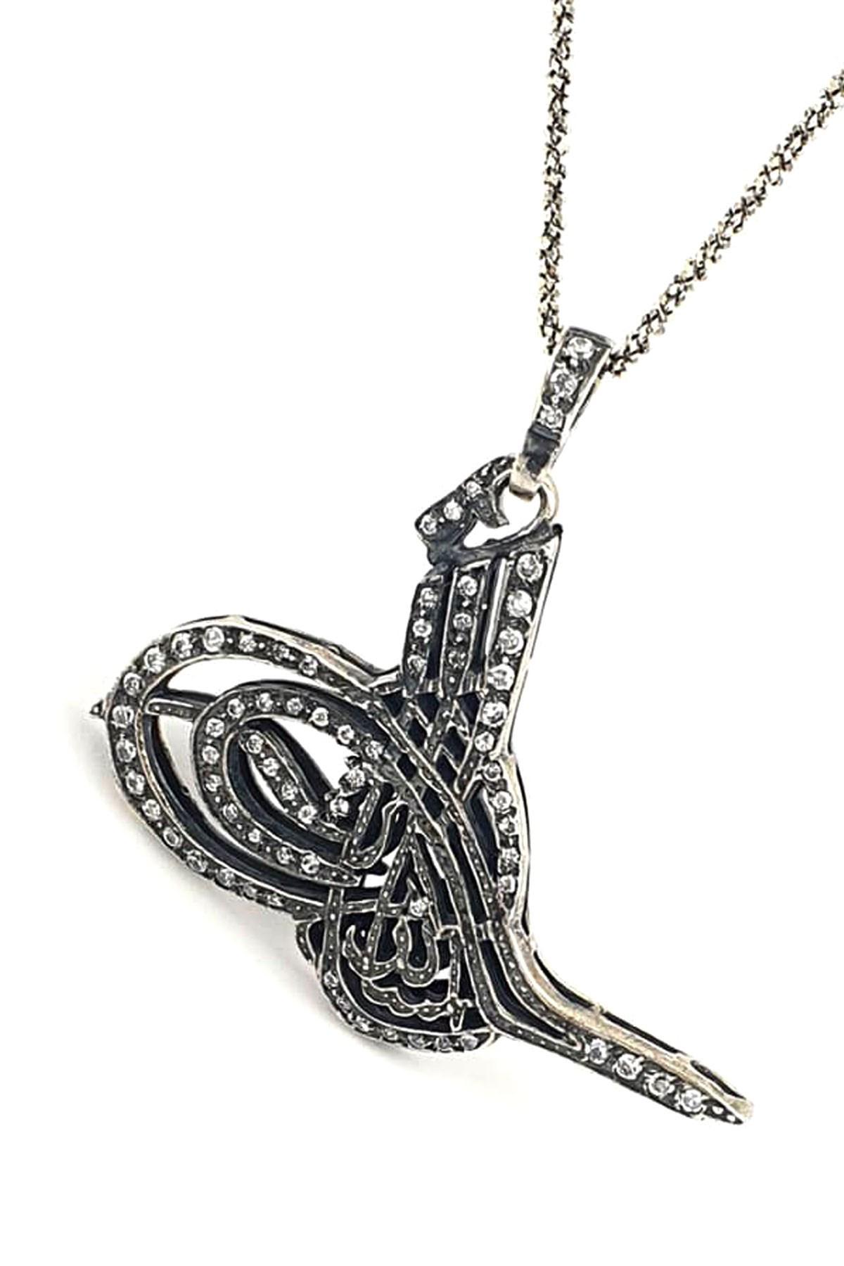 Oseshop Beyaz Zirkon Taşlı 925 Ayar Kararmayan Tuğra Forse Zincir Kadın Gümüş Kolye 45 cm