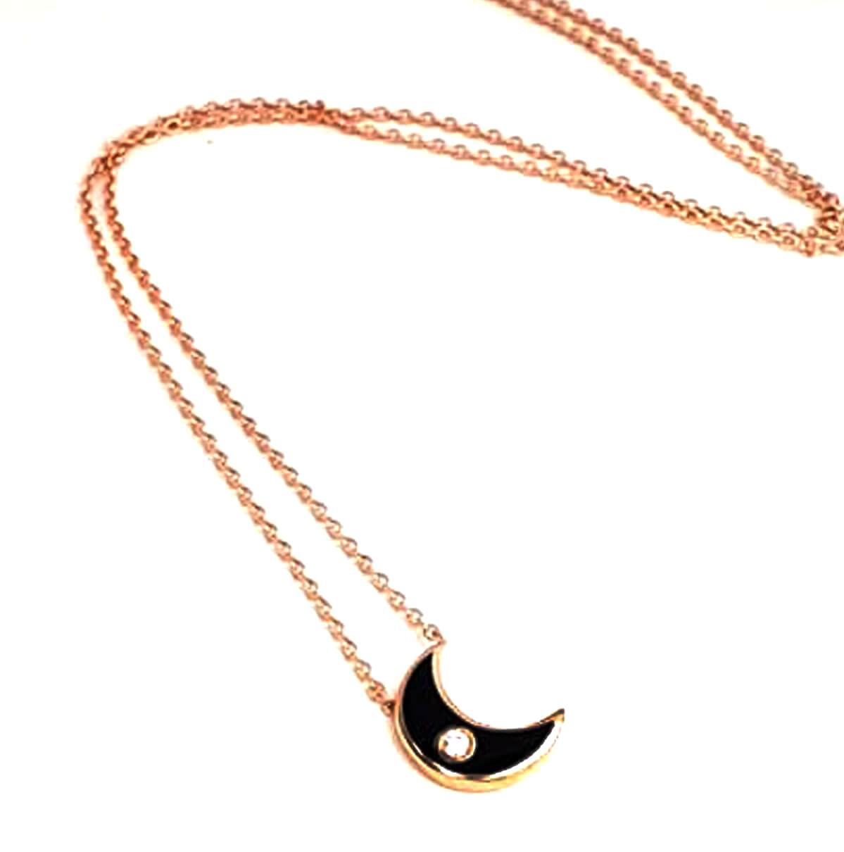 Oseshop Siyah Zirkon Taşlı 925 Ayar Kararmayan Ay Forse Zincir Kadın Gümüş Kolye 45 cm