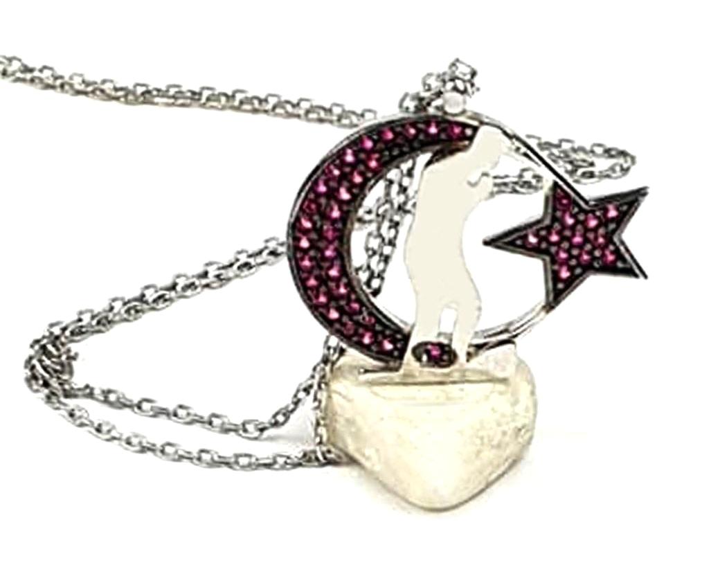 Oseshop Ay Yıldız Pembe Zirkon Taşlı 925 Ayar Kararmayan Forse Zincir Kadın Gümüş Kolye 45 cm