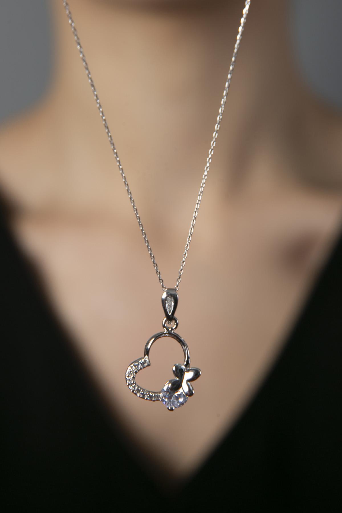 Elika Silver Beyaz Zirkon Taşlı 925 Ayar Kararmayan Kalp Kelebek Zincir Kadın Gümüş Kolye 45 cm