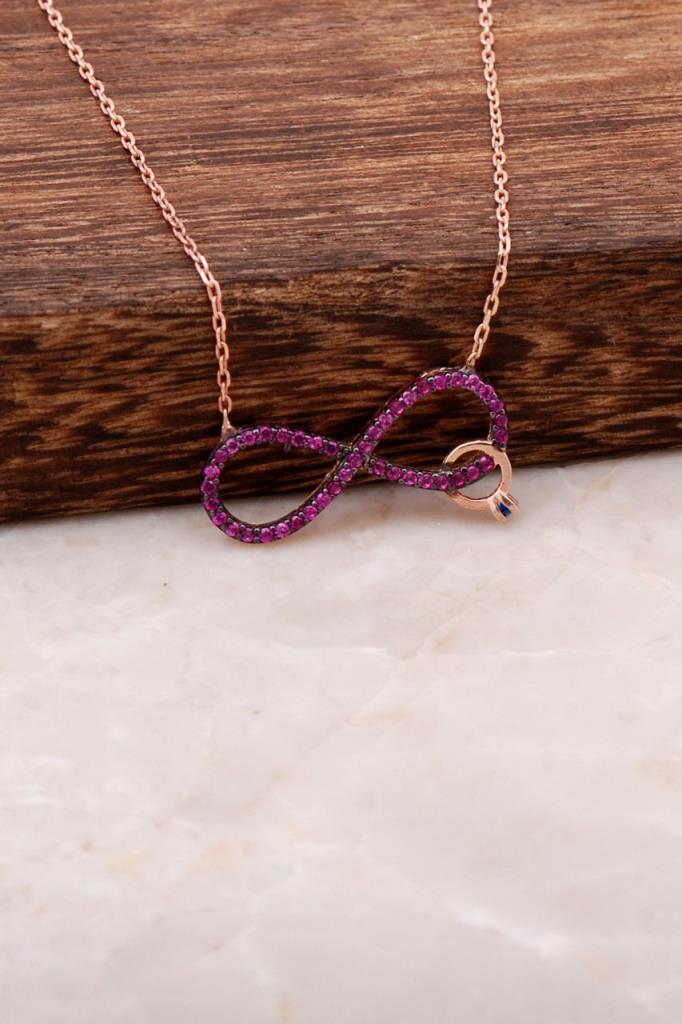 Sümer Telkari Pembe Rubin Taşlı Kararmayan Kelebek Düz Zincir Kadın Gümüş Kolye 45 cm