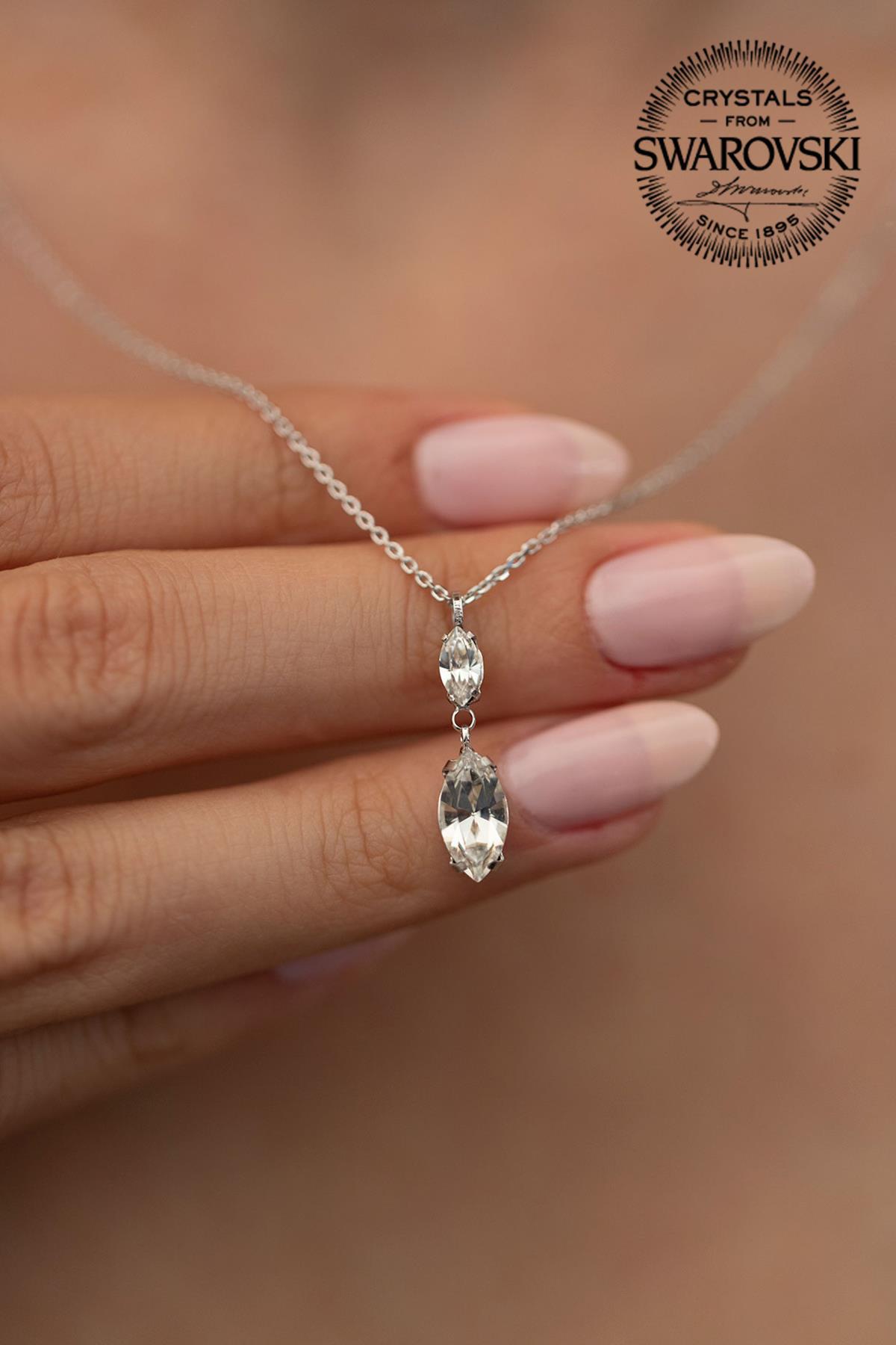 Swarovski Gri Swarovski Taşlı Kararmayan Çiçek Düz Zincir Kadın Gümüş Kolye 45 cm