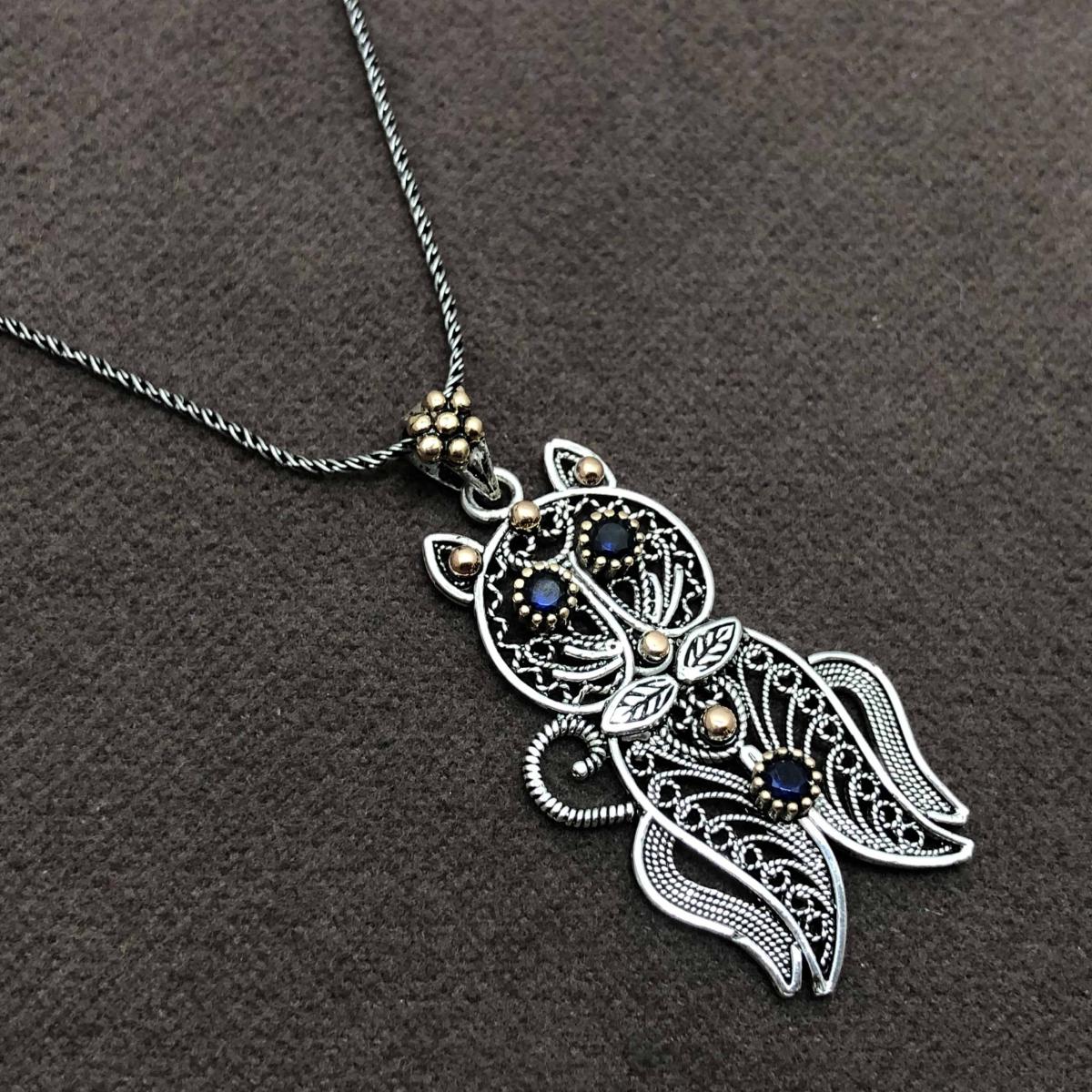 Midyat Nurtaş Gümüş Mavi Safir Taşlı Kelebek Halka Zincir Kadın Gümüş Kolye 45 cm