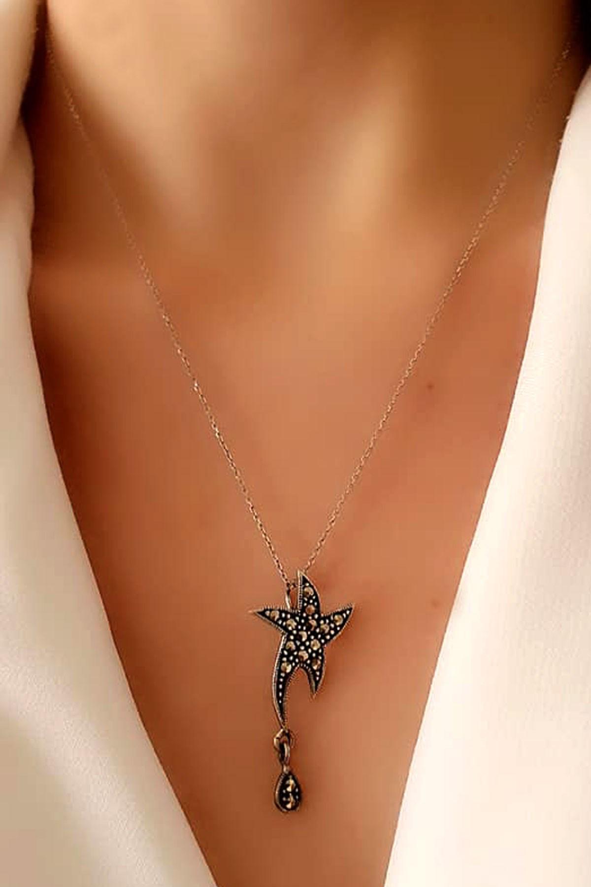Oseshop Gri Siyah Zirkon Taşlı 925 Ayar Kararmayan Yıldız Forse Zincir Kadın Gümüş Kolye 45 cm