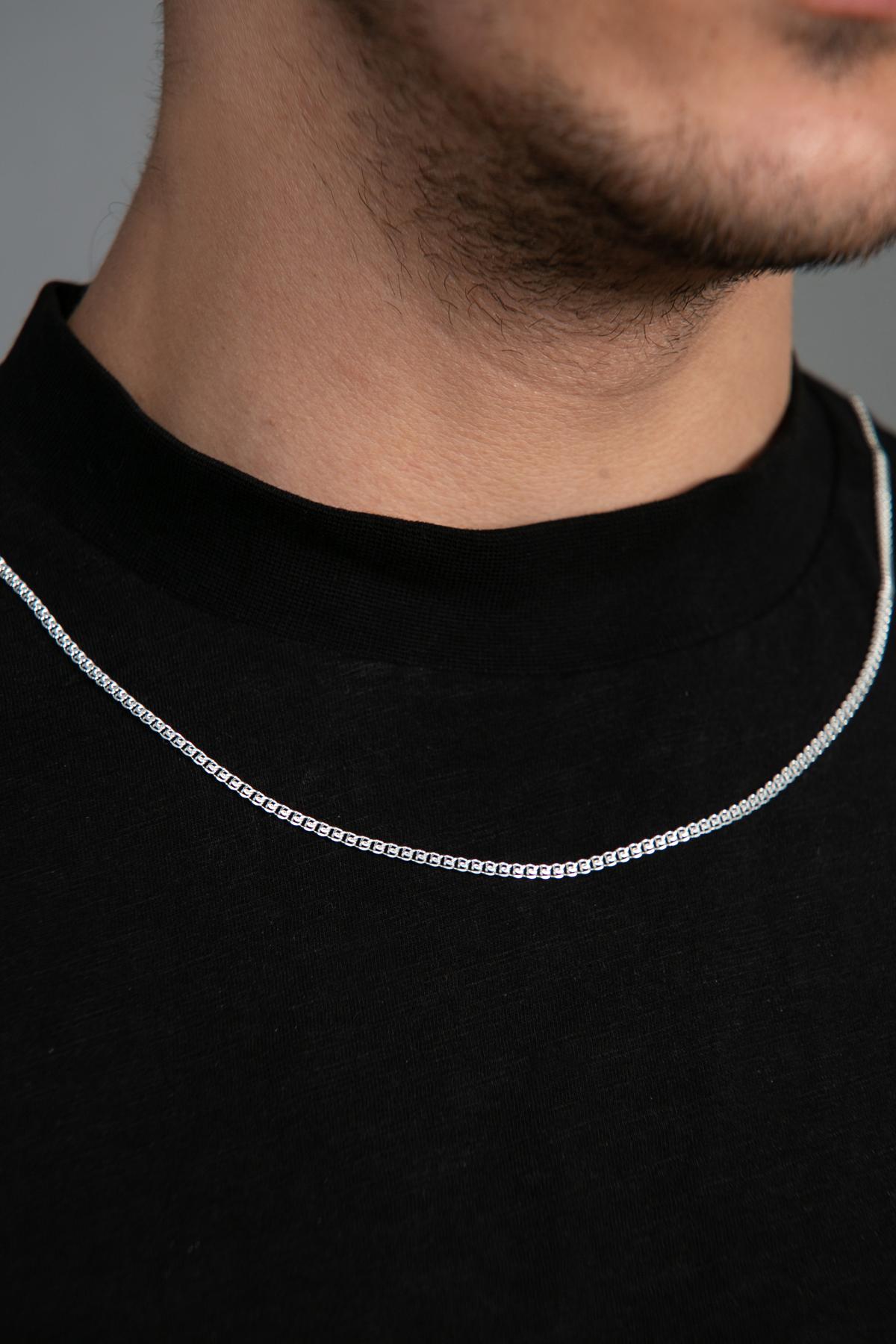 Elika Silver Beyaz 925 Ayar Kararmayan Yonca Düz Zincir Erkek Gümüş Kolye 50 cm
