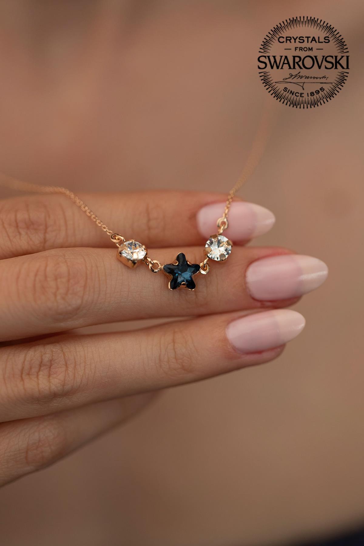 Swarovski Mavi Swarovski Taşlı Kararmayan Düz Zincir Kadın Gümüş Kolye 45 cm