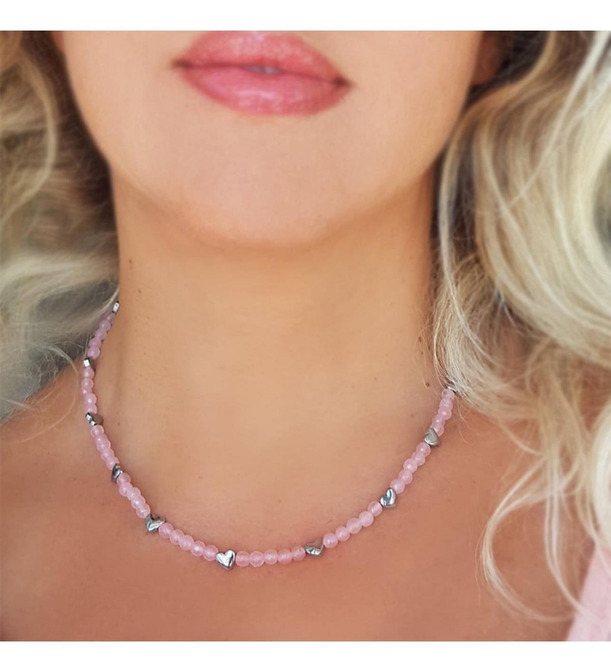 Vaoov Pembe Kuvars Taşlı 925 Ayar Kararmayan Kalp Zincir Kadın Gümüş Kolye 45 cm