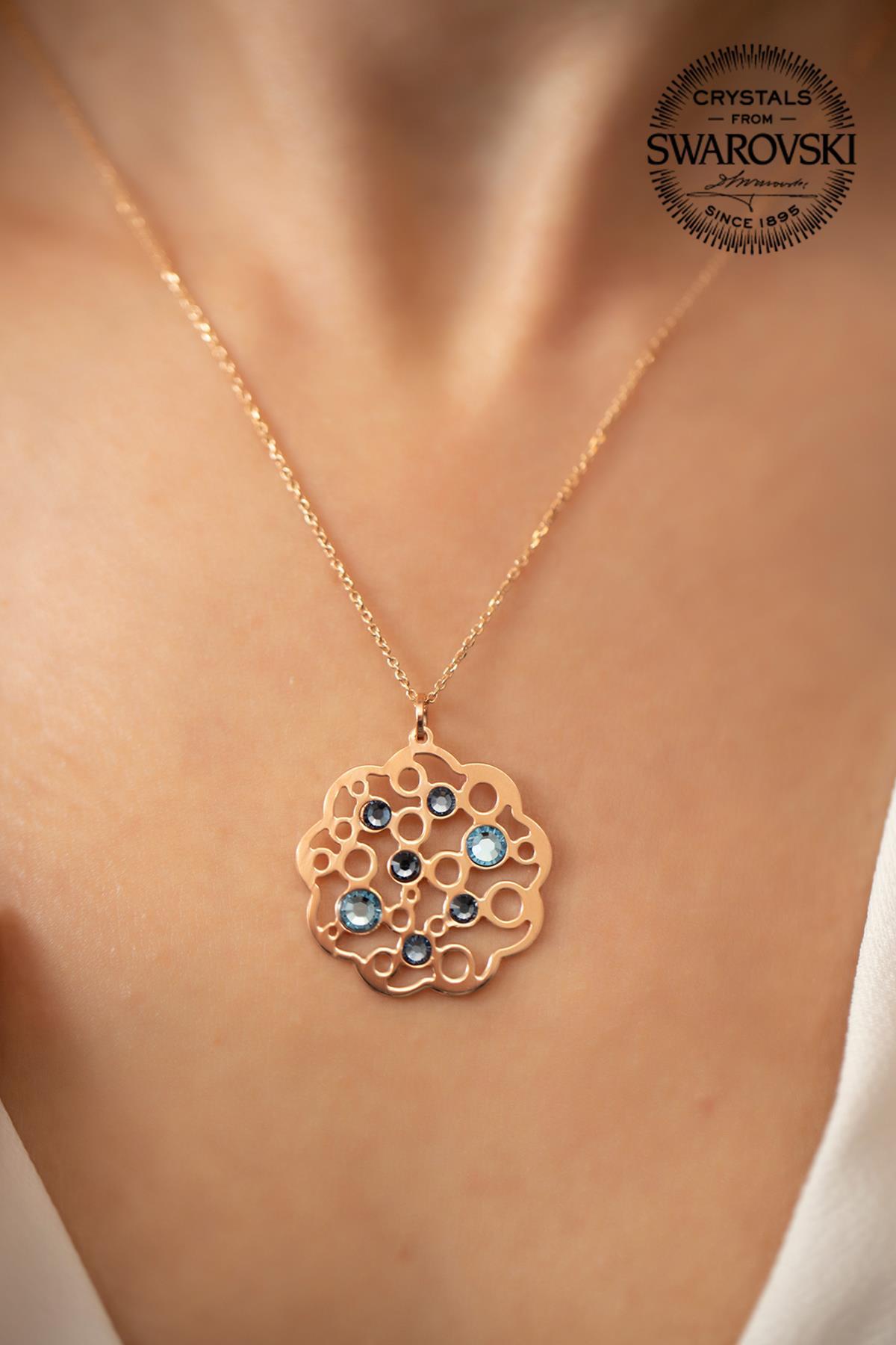 Swarovski Mavi Swarovski Taşlı Kararmayan Çiçek Düz Zincir Kadın Gümüş Kolye 45 cm