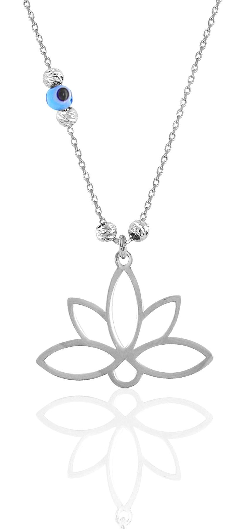 Söğütlü Silver Lotus Çiçeği Mavi Taşlı 925 Ayar Kararmayan Forse Zincir Kadın Gümüş Kolye 45 cm
