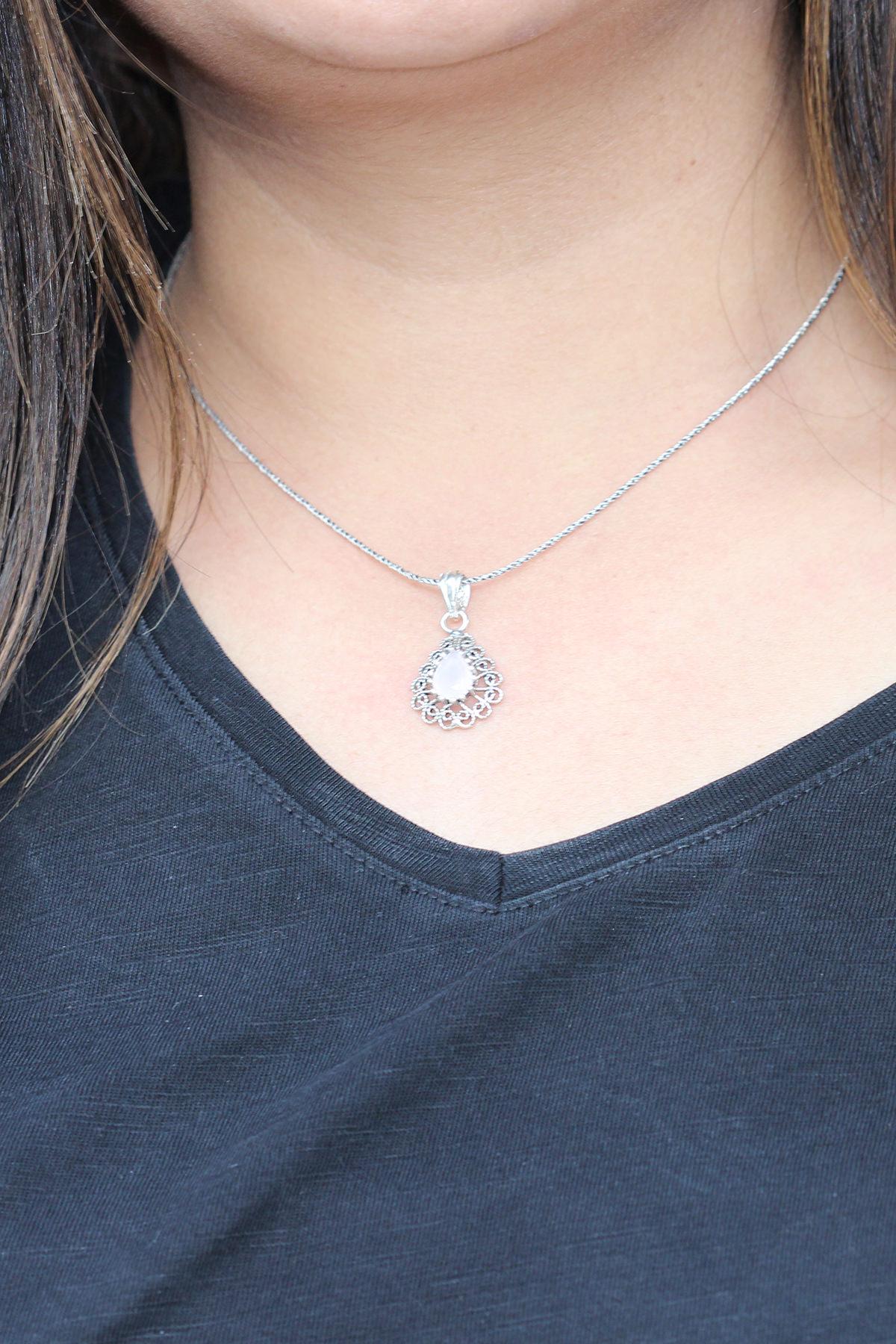 Midyat Nurtaş Gümüş Damla Beyaz Kuvars Taşlı Forse Zincir Kadın Gümüş Kolye