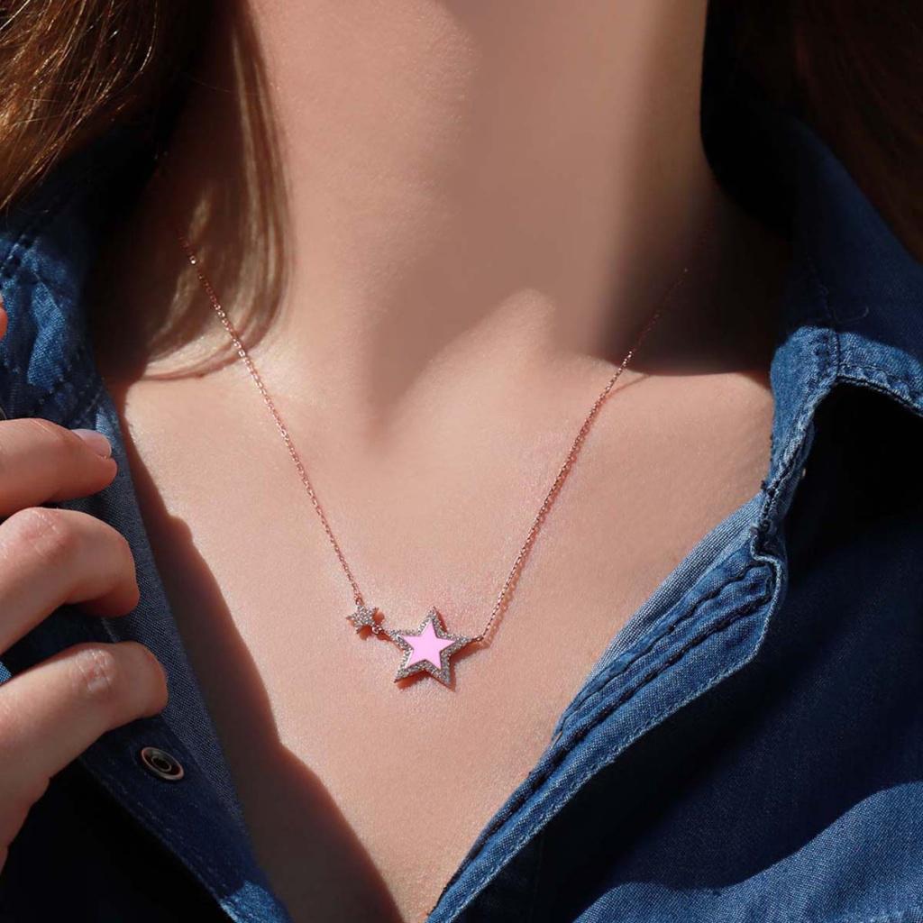 Necati Gün Pembe Zirkon Taşlı Evet Kararmayan Yıldız Düz Zincir Kadın Gümüş Kolye 45 cm