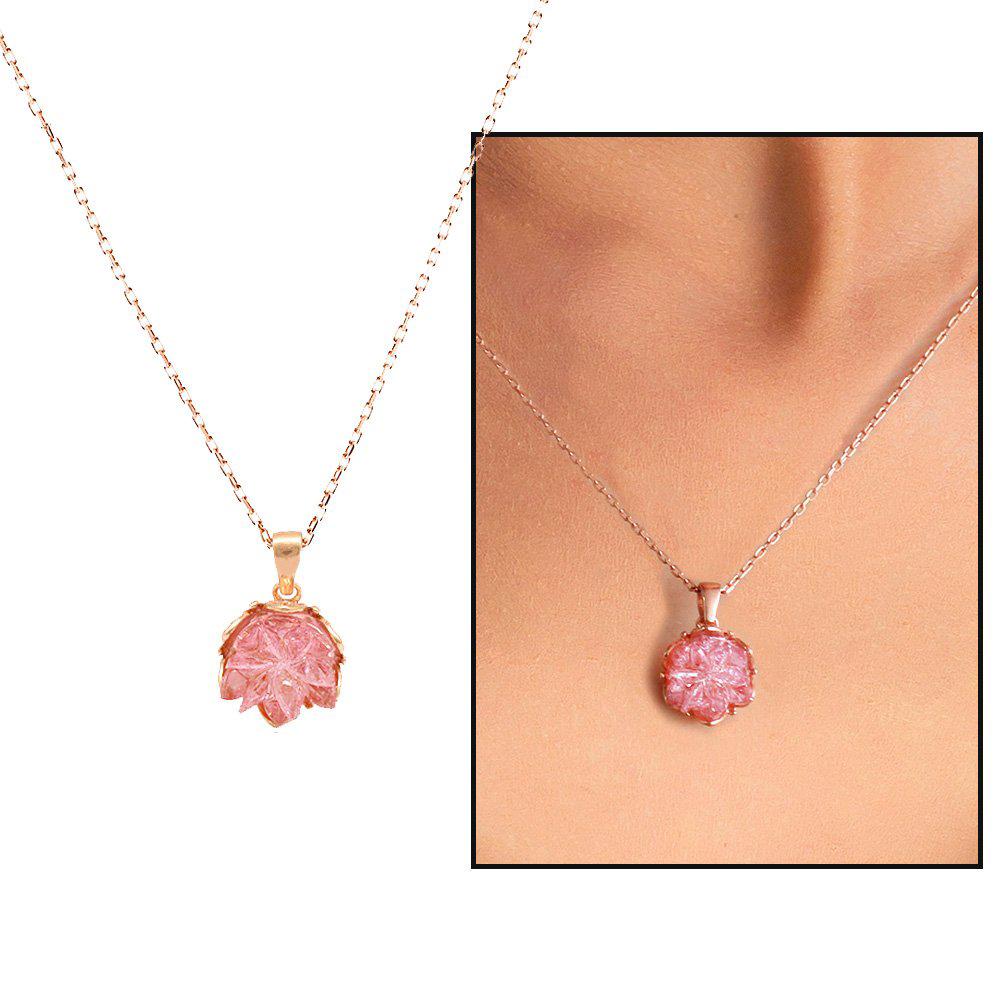 Tesbihane Pembe Zirkon Taşlı 925 Ayar Çiçek Düz Zincir Kadın Gümüş Kolye 45 cm