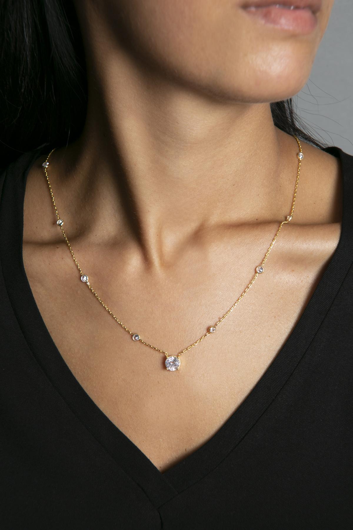 Elika Silver Beyaz Zirkon Taşlı 925 Ayar Kararmayan Tektaş Zincir Kadın Gümüş Kolye 45 cm