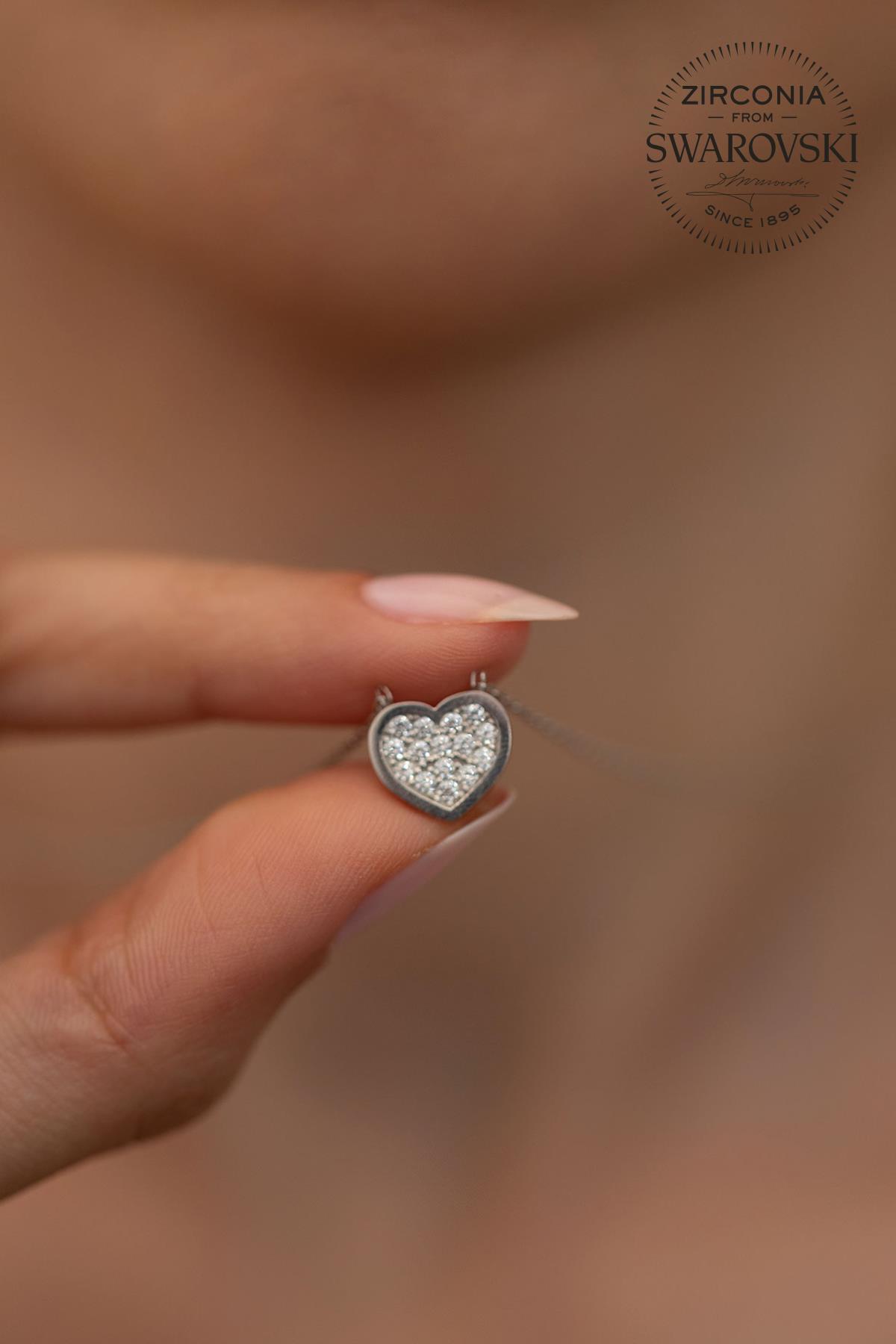 Swarovski Beyaz Swarovski Zirkon Taşlı Kararmayan Kalp Düz Zincir Kadın Gümüş Kolye 45 cm