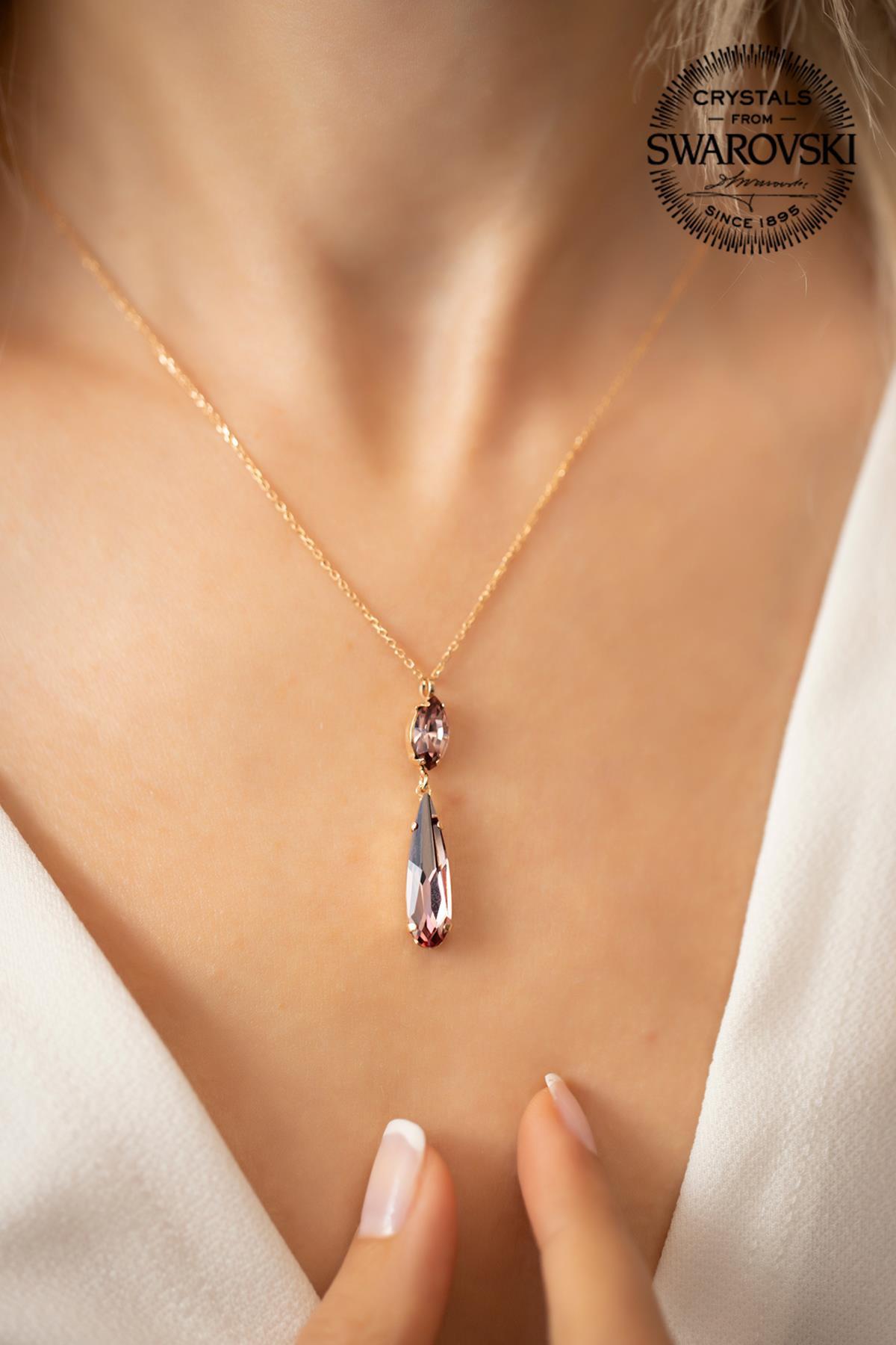 Swarovski Damla Gri Swarovski Taşlı Kararmayan Düz Zincir Kadın Gümüş Kolye 45 cm