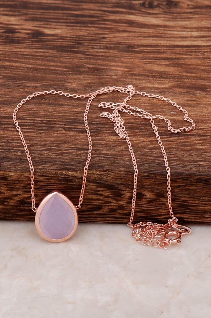 Sümer Telkari Damla Pembe Kuvars Taşlı Kararmayan Düz Zincir Kadın Gümüş Kolye 45 cm