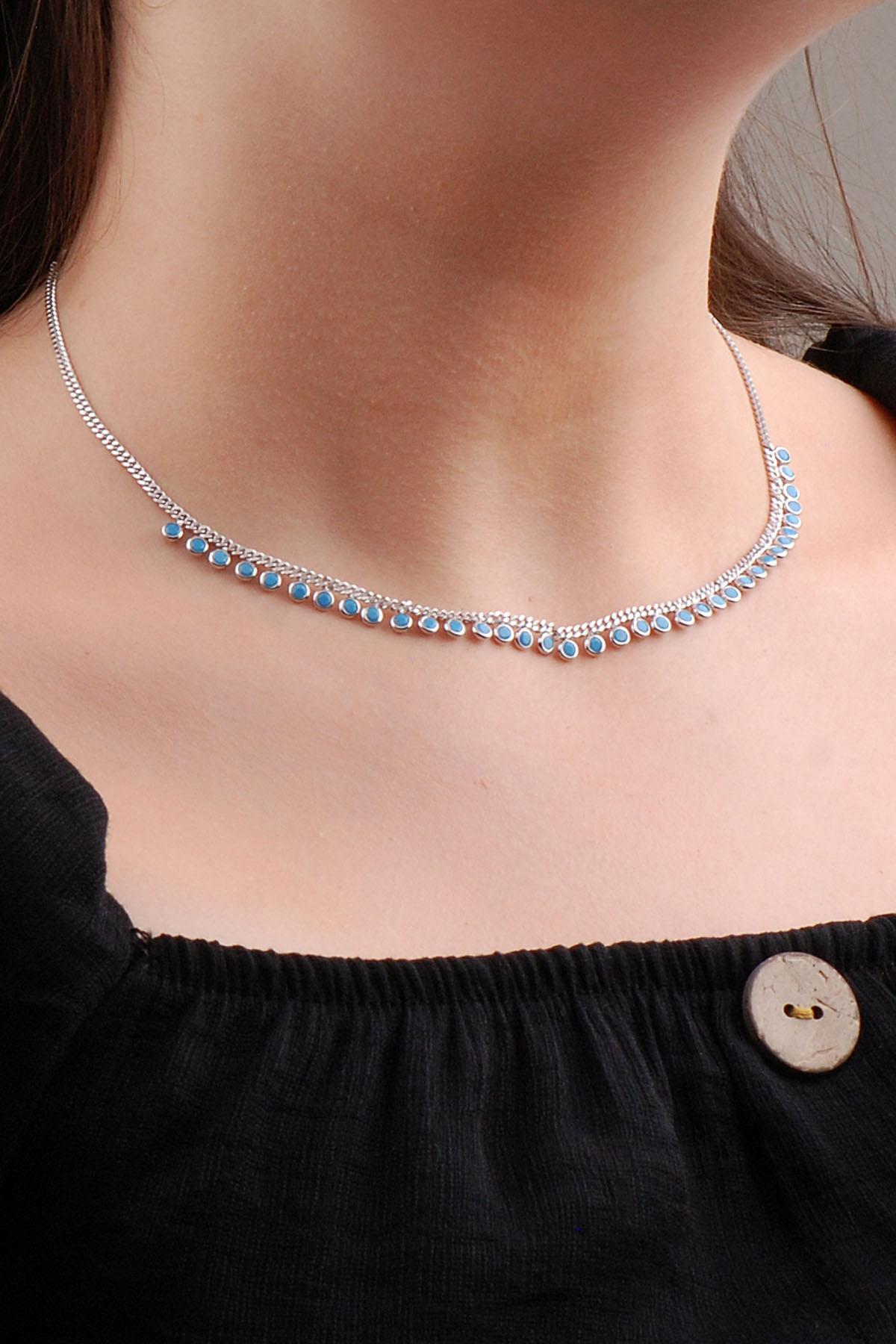 Sümer Telkari Kalp Mavi Firuze Taşlı Kararmayan Choker Yassı Zincir Kadın Gümüş Kolye 45 cm