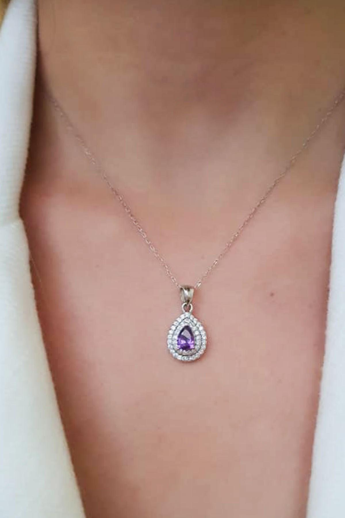Oseshop Mor Ametist Taşlı 925 Ayar Kararmayan Damla Forse Zincir Kadın Gümüş Kolye 45 cm